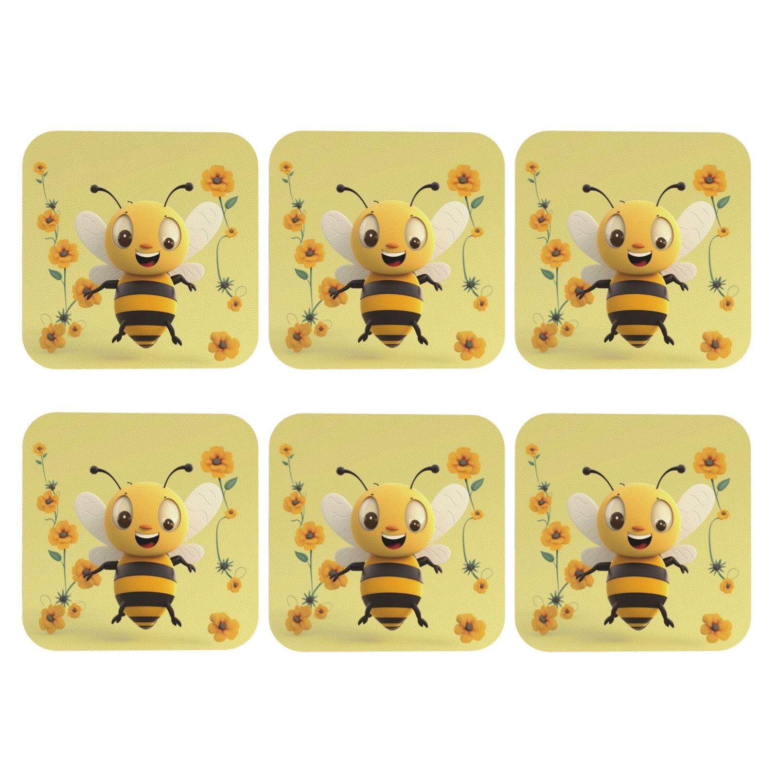 6pcs Leather Coasters for Drinks, Happy Bee Drink Coasters for Tabletop Protection, 4" Cup Coasters for Coffee Table Decor, Non-Slip Drinking Cup Mat for Hot Or Cold Drink