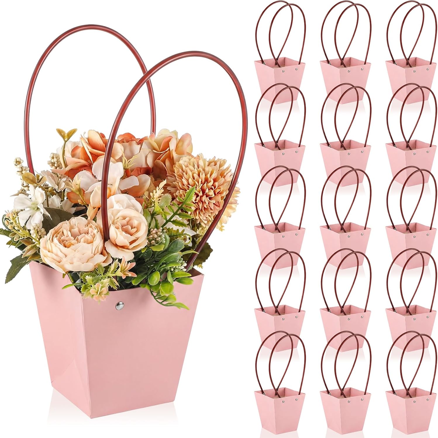 Gilprop 15 Packs Bouquet Bag Kraft Paper Flower Gift Bags with Handle Bouquet Bag Box with Waterproof Lining for Birthday Wedding Party Favors (13.4 x 4.9 x 4.7 x 3.2 Inch,Pink)