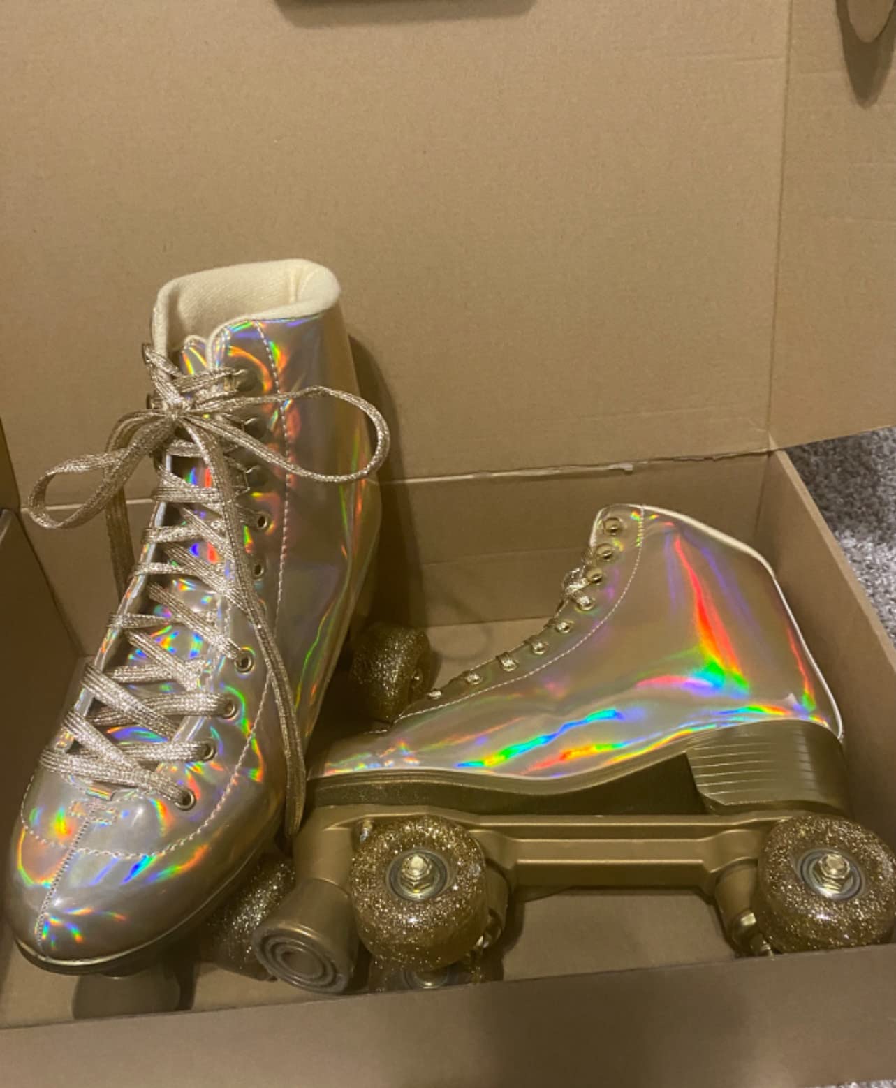 JajaHoho Women's Roller Skates – Holographic Purple High Top Quad Skates With Light-Up Wheels, Indoor & Outdoor