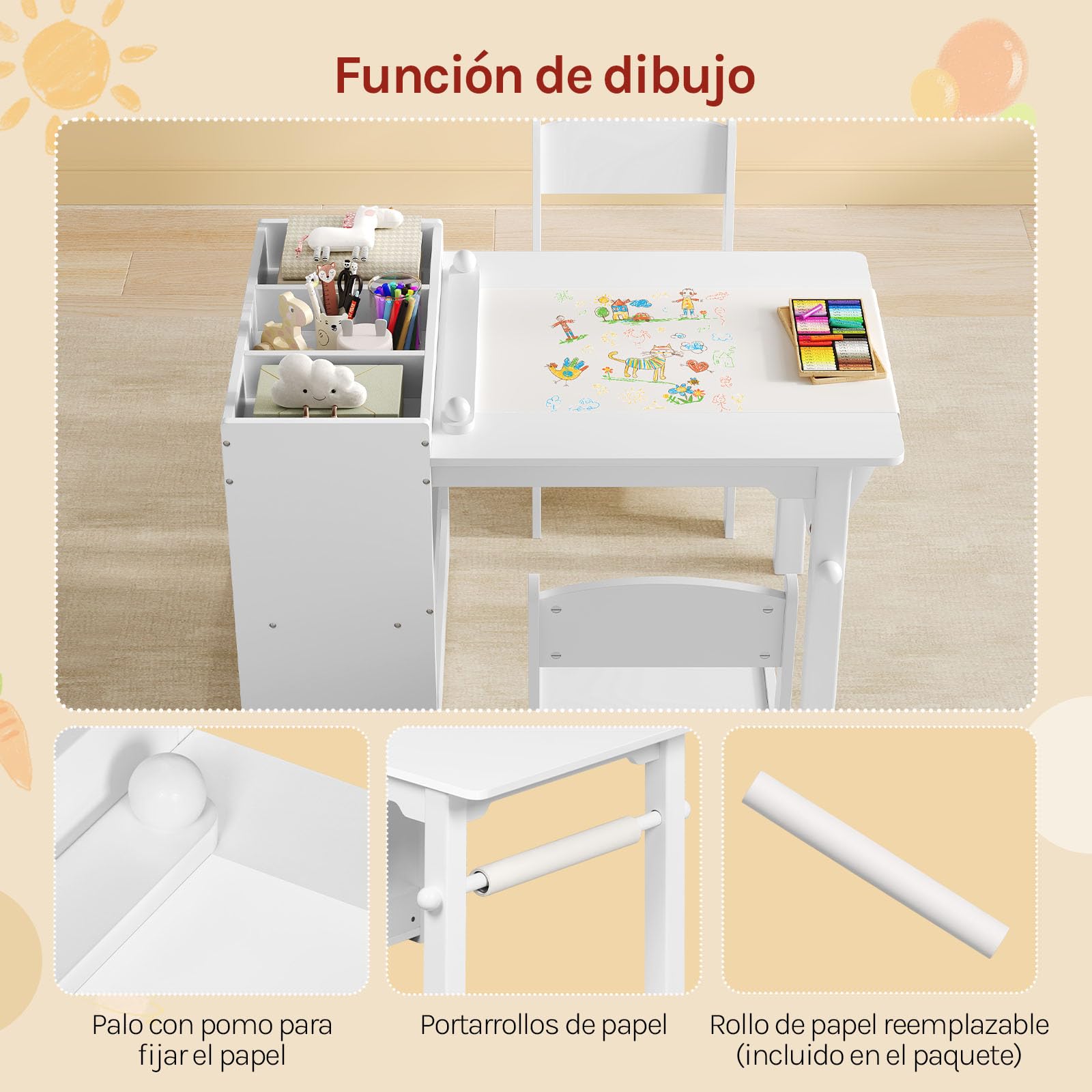 WOLTU Mesa Infantil con 2 Sillas, Blanco | Estantería de 3 Niveles, 1 Portarrollos, 2 Cajas de Tela, MDF