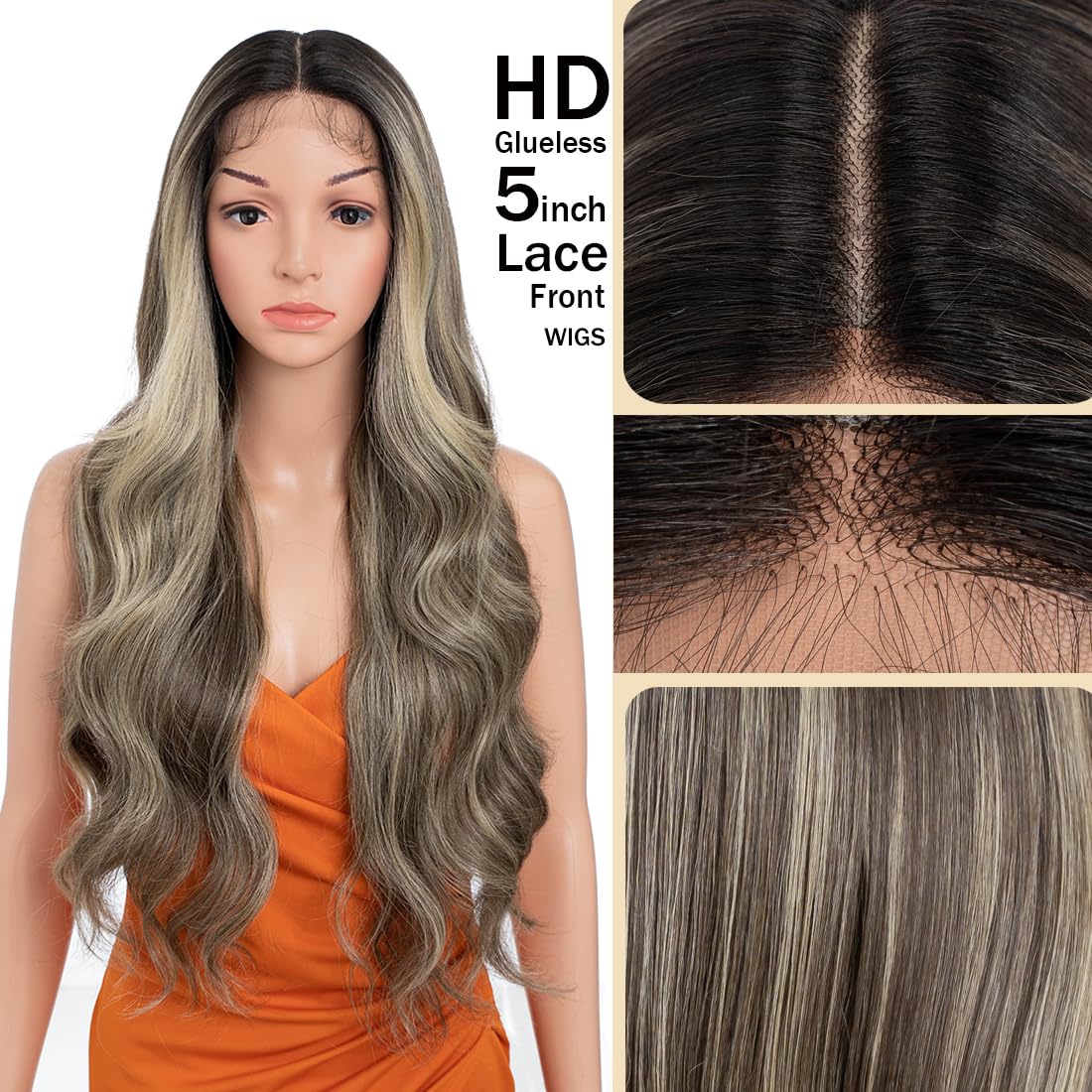 Skunk Stripe Wig Lace Front Wig Pre Plucked Ready to Wear HD Glueless 13X5X1 Synthetic Lace Front Wigs for Women 180 Density 30inch - Image 2