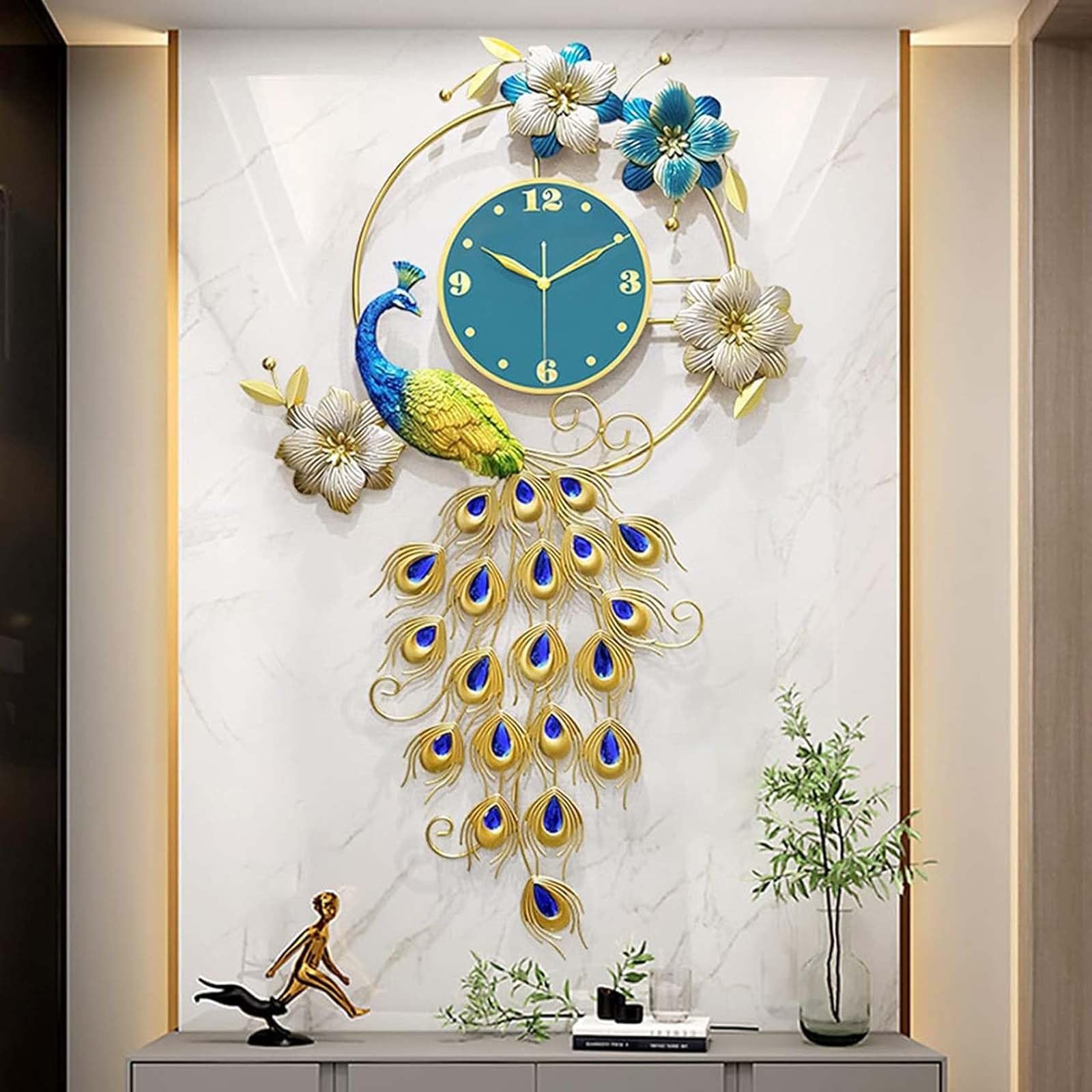 SaryEdge Wall Clocklarge 3D Peacock Wall Clock,Modern Metal Art Wall Decor for Living Room Cafe Restaurant Decoration Wall Watches,62 * 102 Cm,