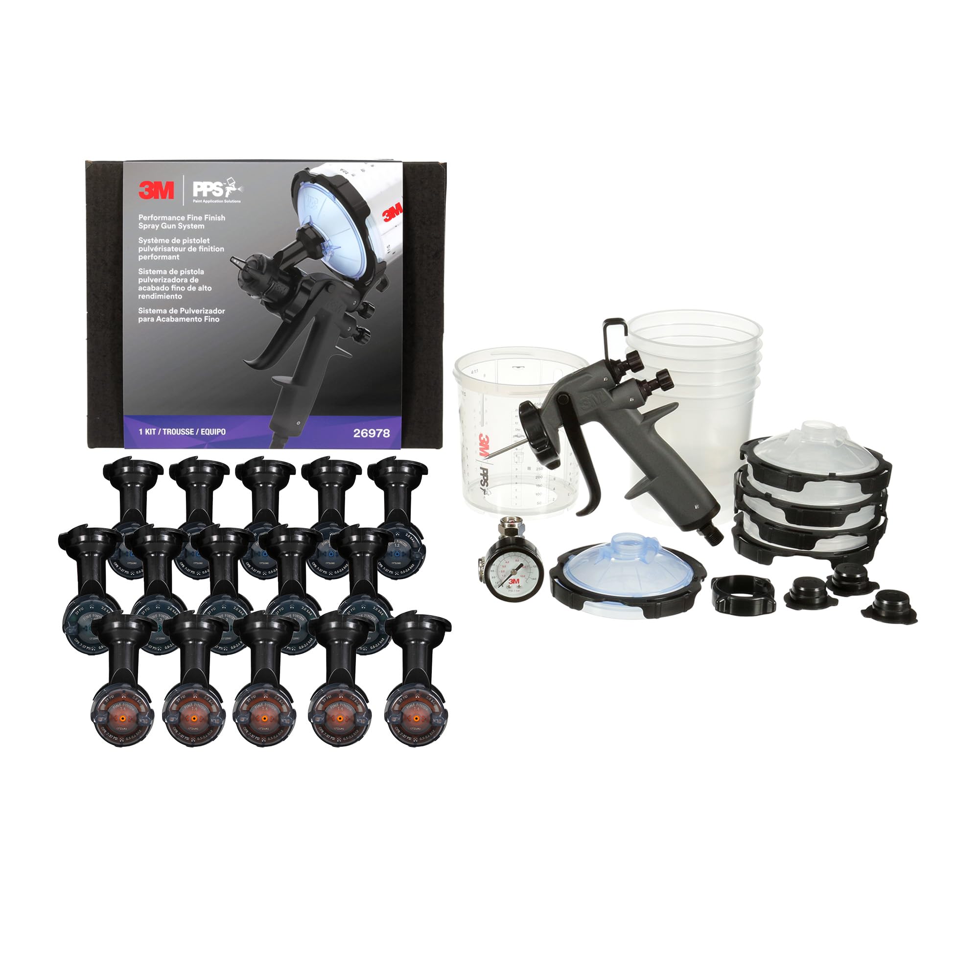 3M Performance Fine Finish Spray Gun System 26978, Includes PPS 2.0 Cup System, 15 Replaceable Gravity Fine Finish HVLP Atomizing Heads, Air Control Valve