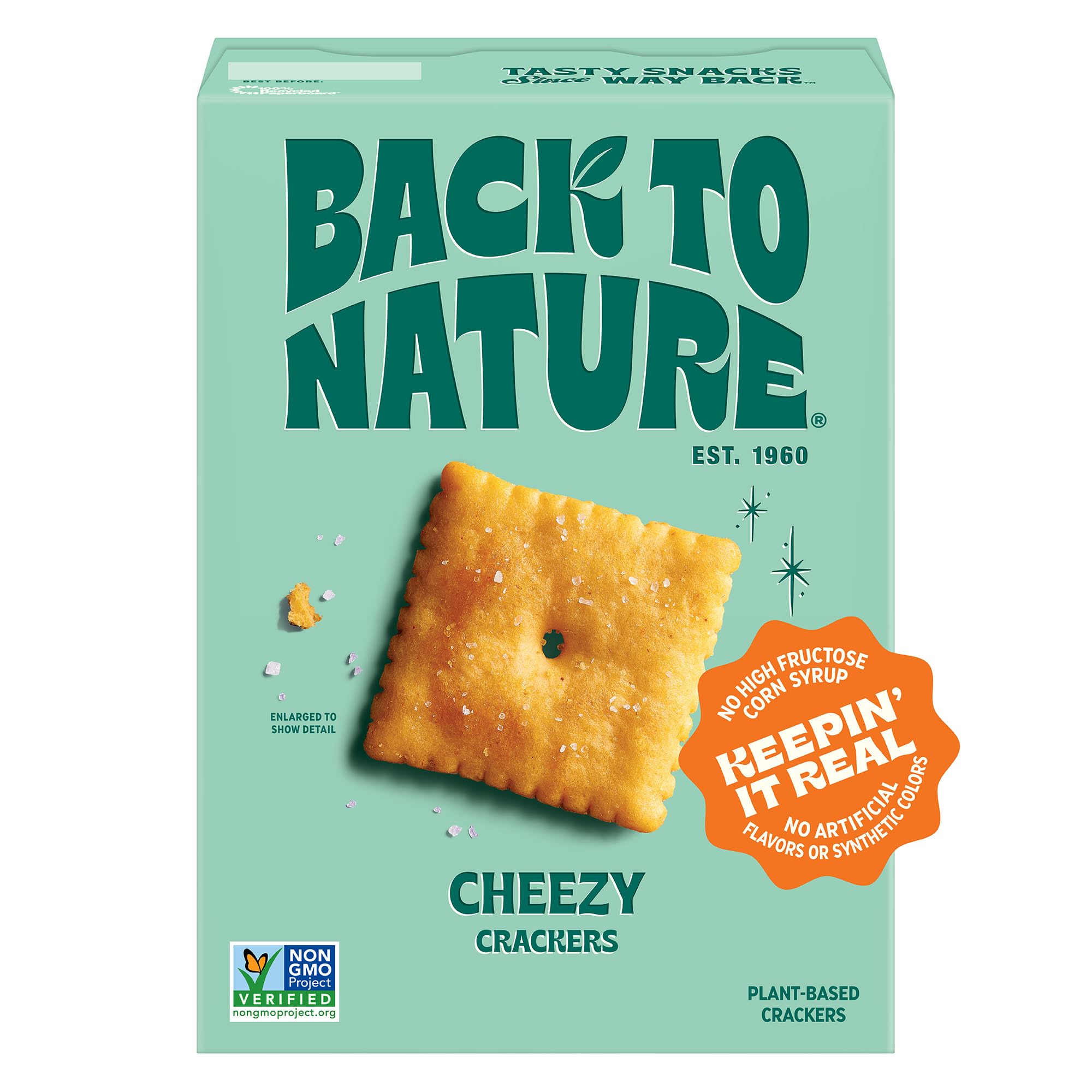 Back to NatureCheezy Square Crackers, Non-GMO, Plant-Based Cheese Flavored Snack Cracker, Made with Wheat Flour, 5 oz Box