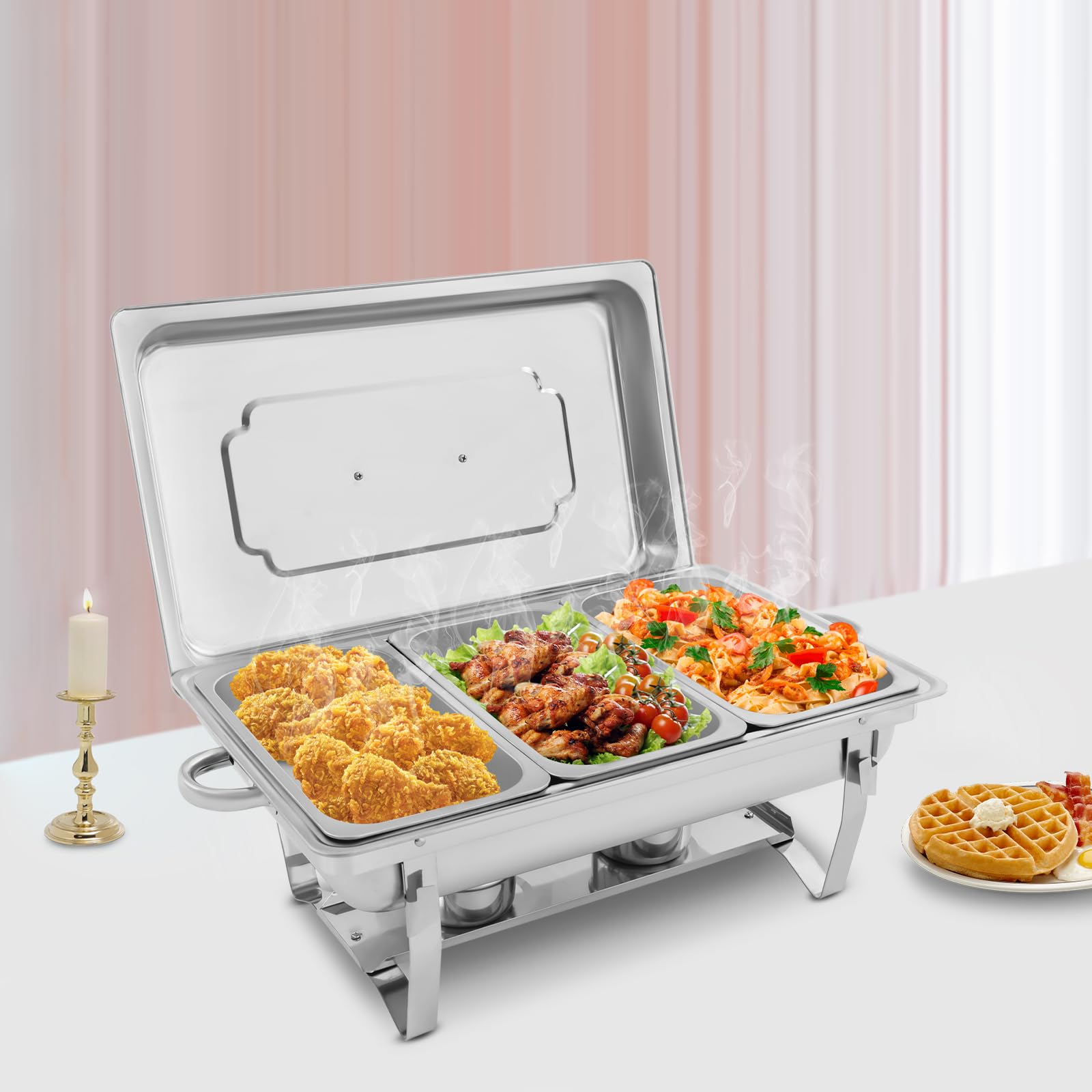 Chafing Dish zestaw do podgrzewania potraw ze stali nierdzewnej, pojemnik na ciepło, do cateringu, bufetu i na imprezę (3 x pojemnik 1/3 GN)