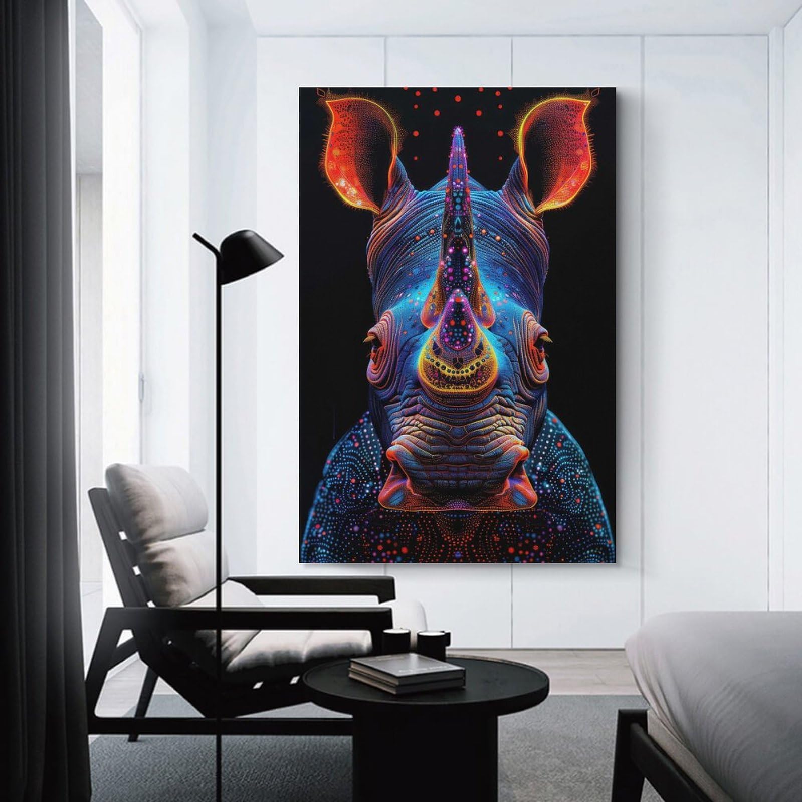 Junmoney Unframe-Style-3-1 Neon Rhino Illustration Canvas Art Print 20X30inch(50X75cm), For Office Decor, Home Working Or Creative Rooms, An Interior Accent For Desk Areas