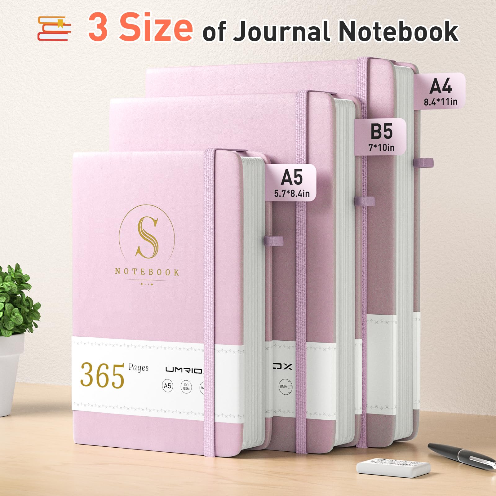 Umriox A5 Lined Journal Notebook -365 Pages Hardback Thick College Ruled Notebook Journal with 100gsm Paper,Leather Hardcover Journals for Women Men Work School Office,14.5 x 21.4cm-Pink - Image 3
