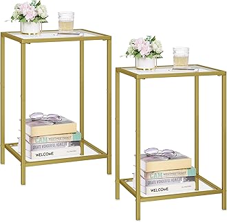 HOMSHO Side Tables Set of 2, End Tables with Tempered Glass, 2-Tier Nightstands with Storage Shelves, Coffee Table with Modern Style, Slim Sofa Table for Living Room, Bedroom, 11.8" D x 15" W, Golden