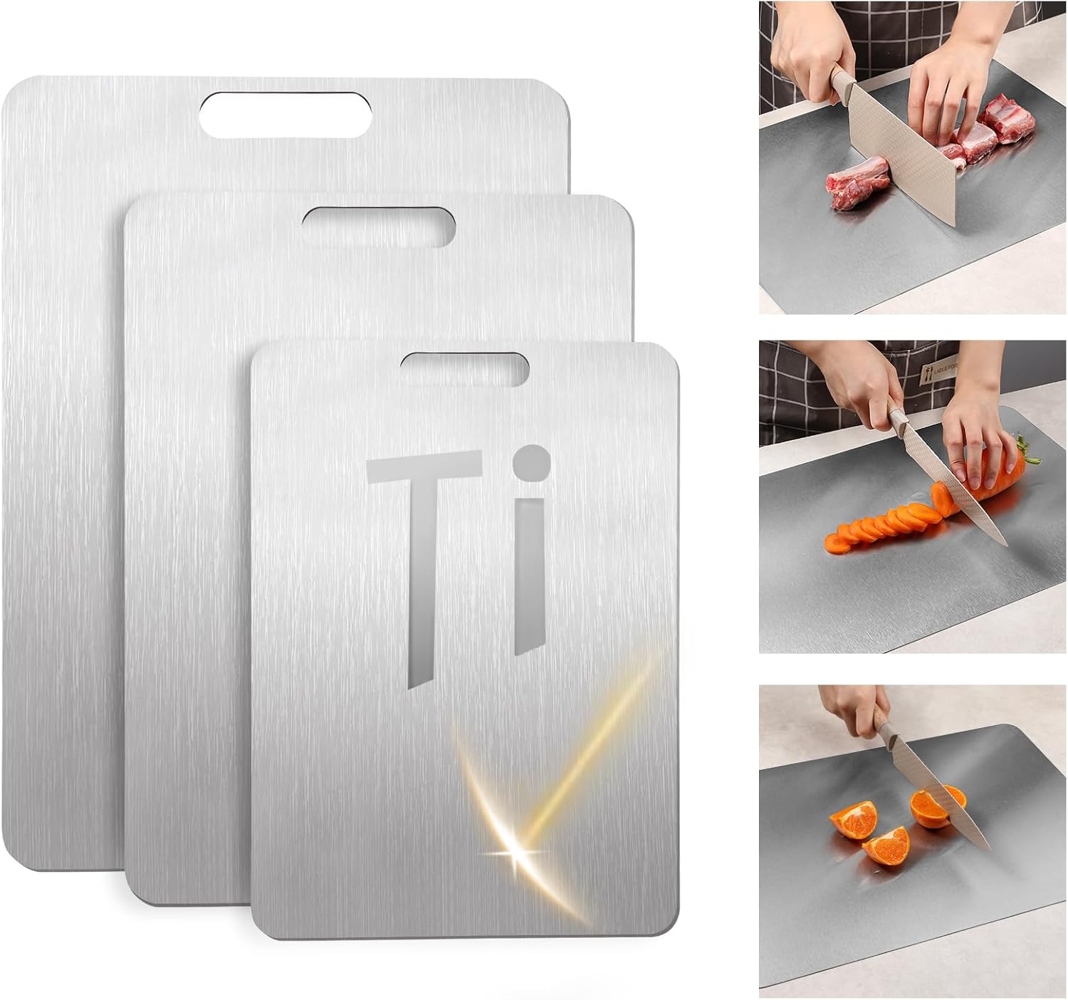 3Pcs Titanium Cutting Boards - 100% Pure Titanium,Non-Slip Kitchen Chopping Board, Dishwasher Safe, Scratch Resistant, Easy to Clean, Durable & Hygienic for Meat, Vegetables, and Fruits