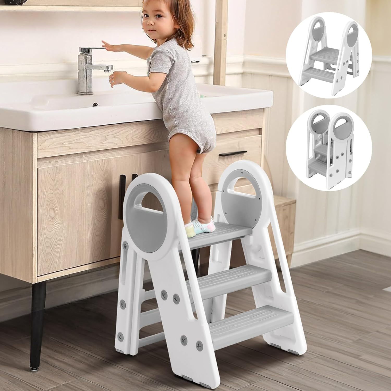 Gimars Upgrade Triple Stability Foldable Adjustable 2 Steps to 3 Steps Toddler Step Stool for Bathroom Sink, Step Stools for Kids with 6 Non-slip Pads,Handles for Toilet Potty Training,Kitchen Counter Gray