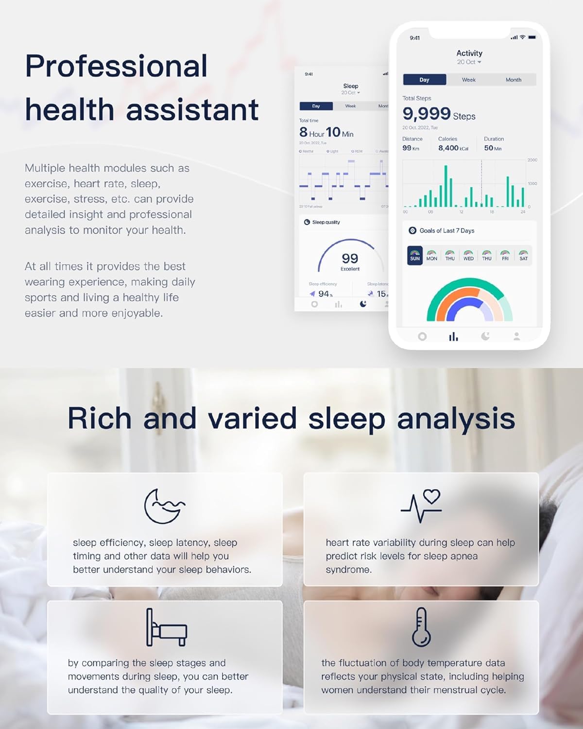 Generico Anello Intelligente, Tracker per La Salute, Monitoraggio della Frequenza Cardiaca E della Temperatura Corporea, Analisi del Sonno, Impermeabile Fino A 100 Metri (Black Eleven)