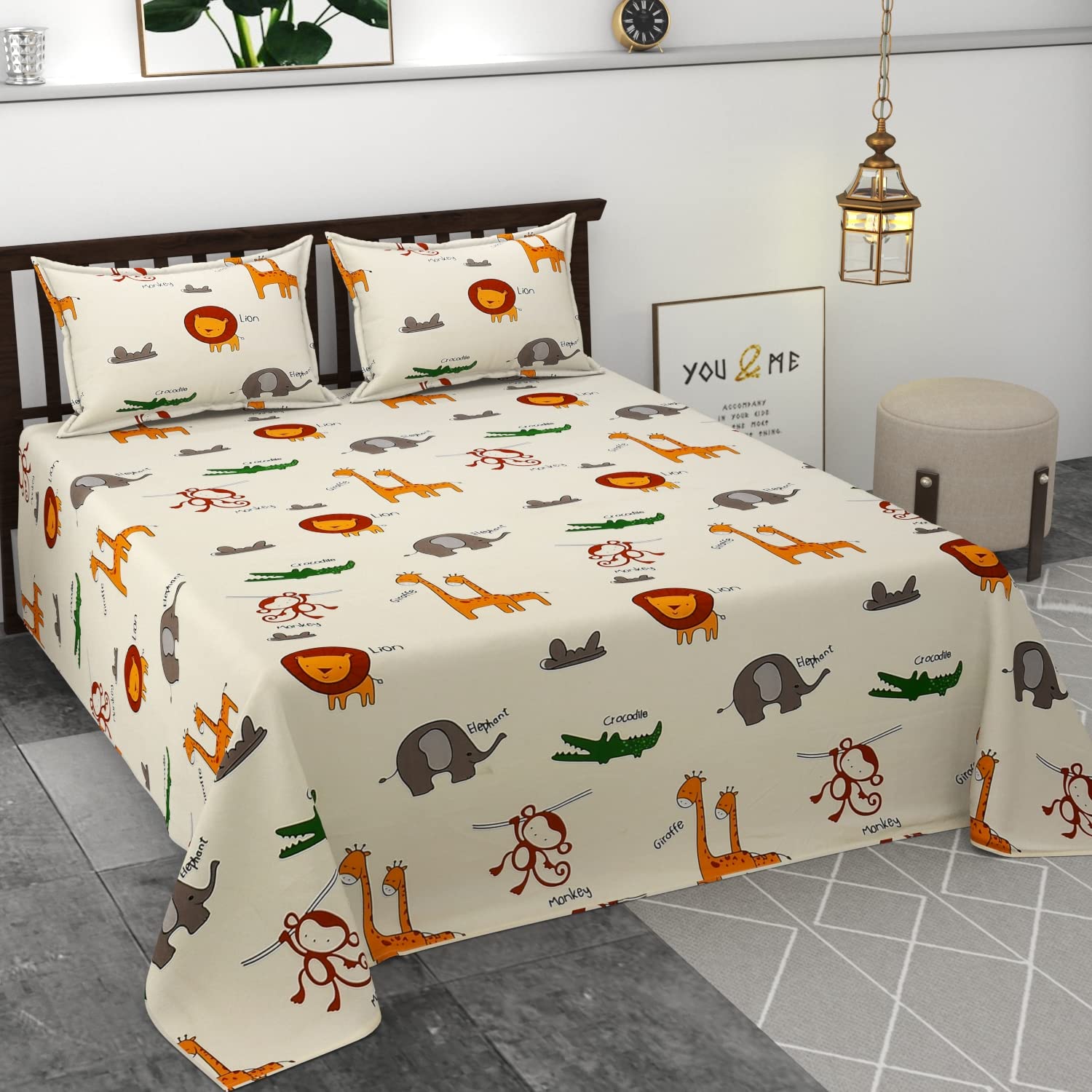 RRB TextileSuper Soft 120 GSM Glace Cotton Animal Printed Double Bedsheet for Kids Room with 2 Pillow Covers-90x100 Inches