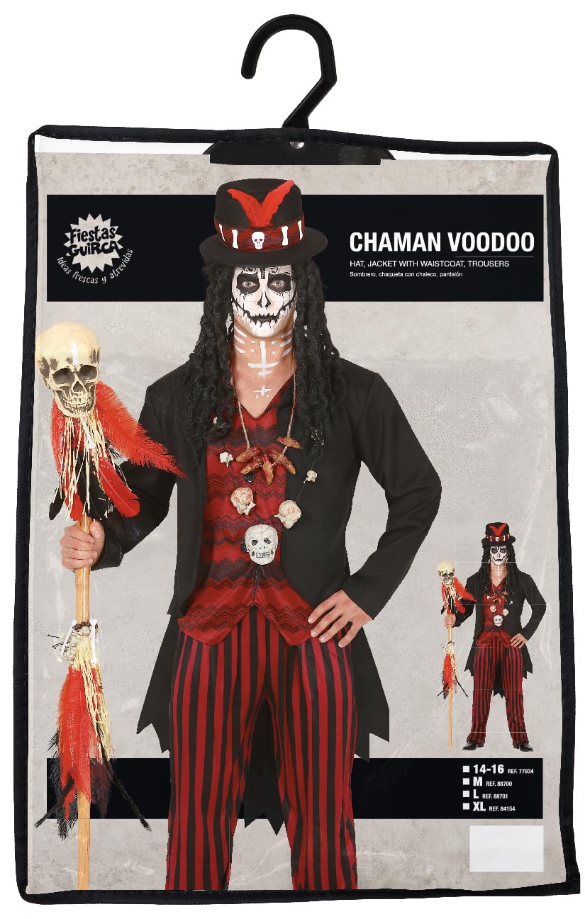 FIESTAS GUIRCA | Disfraz de Chamán Voodoo Adulto (54-56/XL) - Chaleco, Chaqueta, Gorro y Pantalón - Disfraces de Brujo y Hechicero para Halloween, Carnaval y Fiestas de Disfraces - Negro y Rojo
