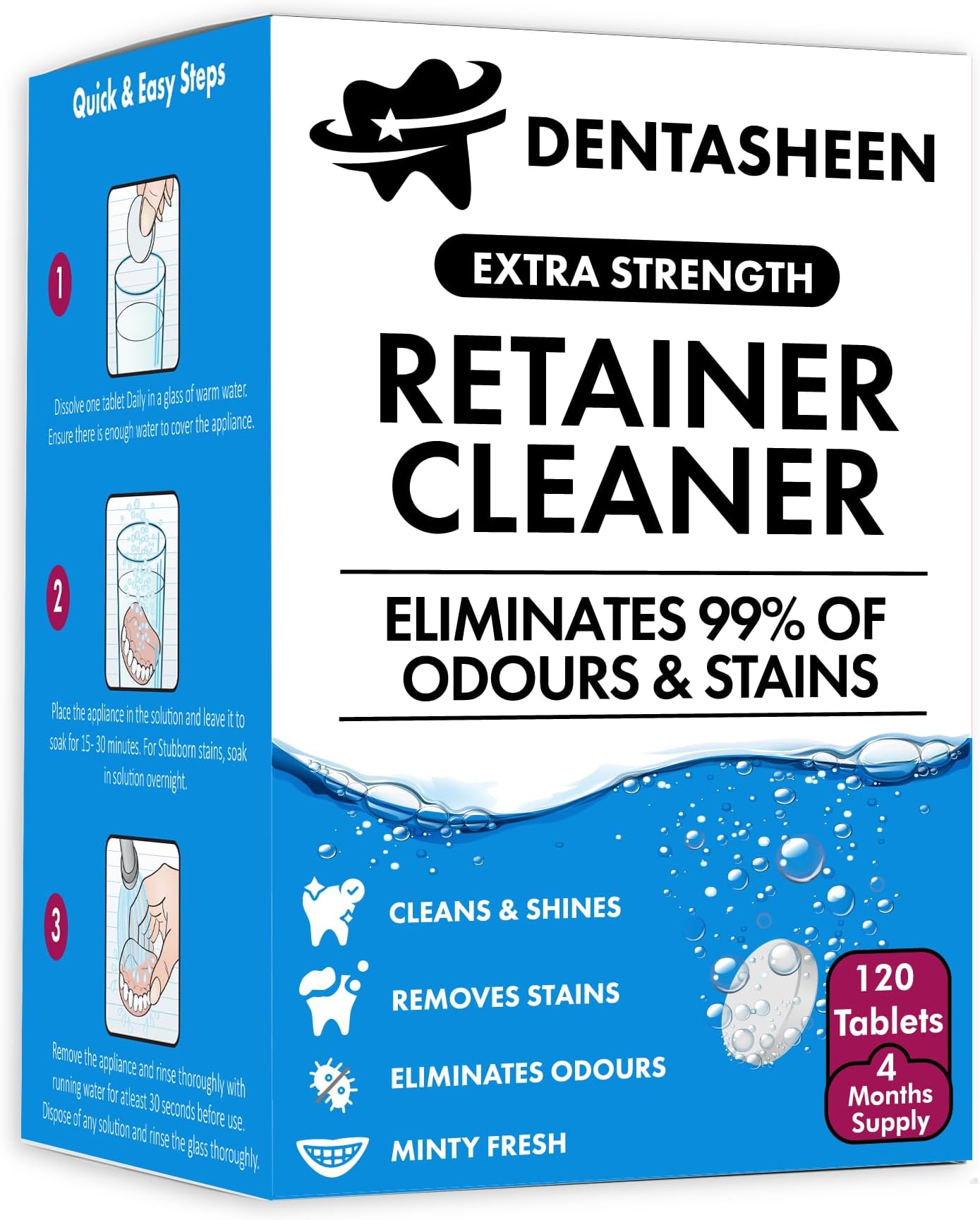Retainer Cleaner Tablets - 120 Tablets 4 Months Supply - Fresh, Brite and Stain-Free Retainer Cleaning Tablets, Aligner, Gum Shield, Mouth Guard, Denture Cleaners - Dentasheen