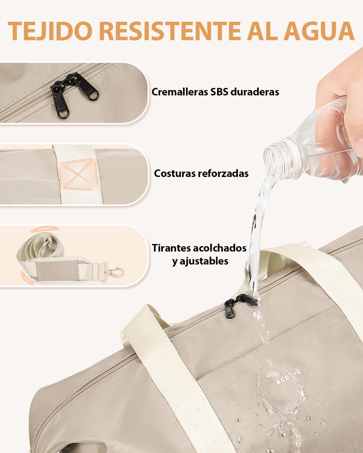 ECOHUB 30L Bolsa de Viaje Mujer, 45x36x20 Equipaje de Mano Avion, Bolsa Gimnasio Mujer con Bolsillo Húmedo Extraíble, Plegable Bolso Maternidad Hospital, Patente Pendiente(Beige) | Equipaje Cabina Bajo Asiento con Bolsillo Húmedo para Fin de Semana y Gimn