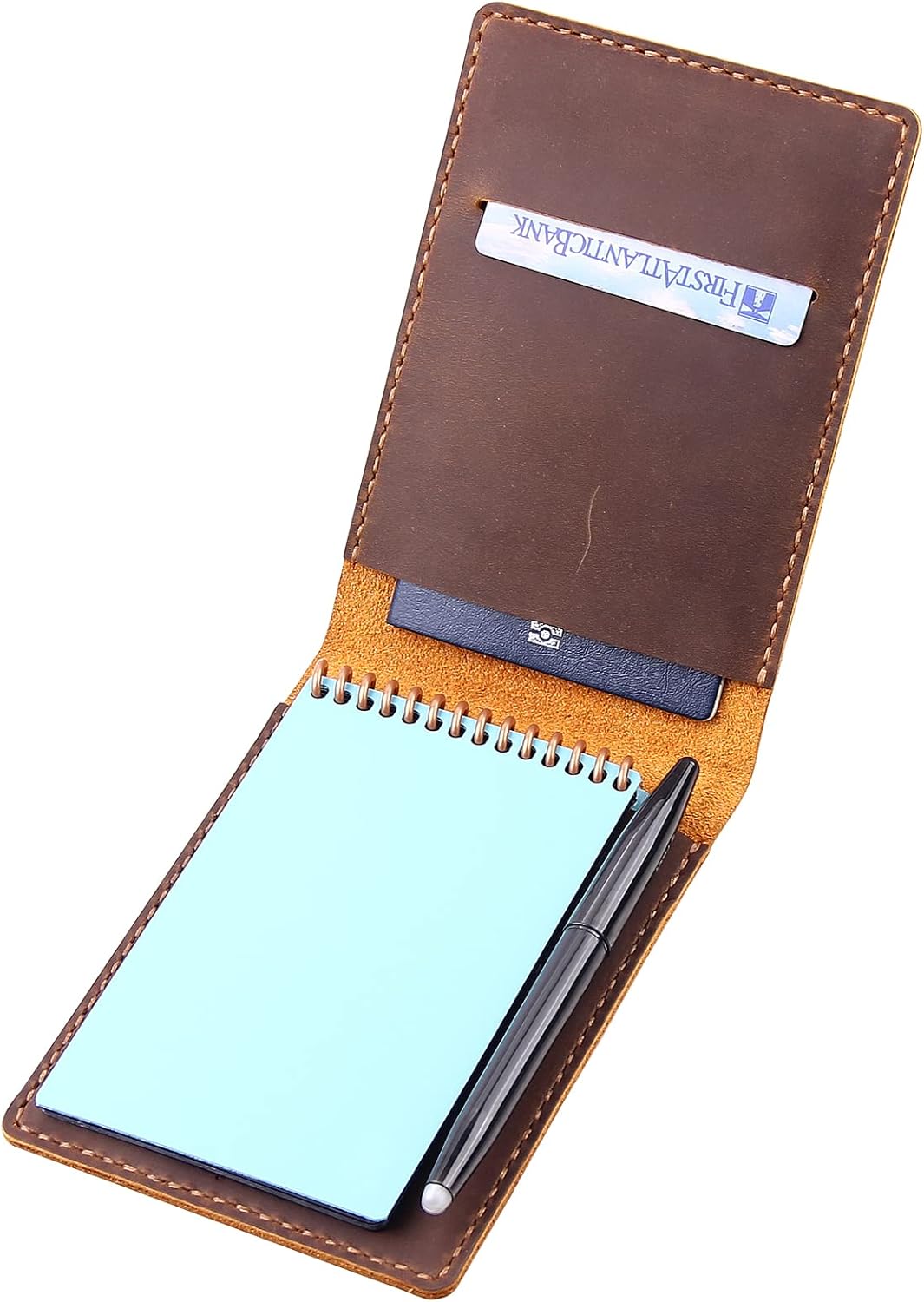 Leather Cover for 3.5”x5.5” Top Spiral Notebook, Handmade Leather Notebook Cover Compatible with Rocketbook Mini Size, Small Pocket Size Memo Notepads Holder with Business Card Holder-Brown