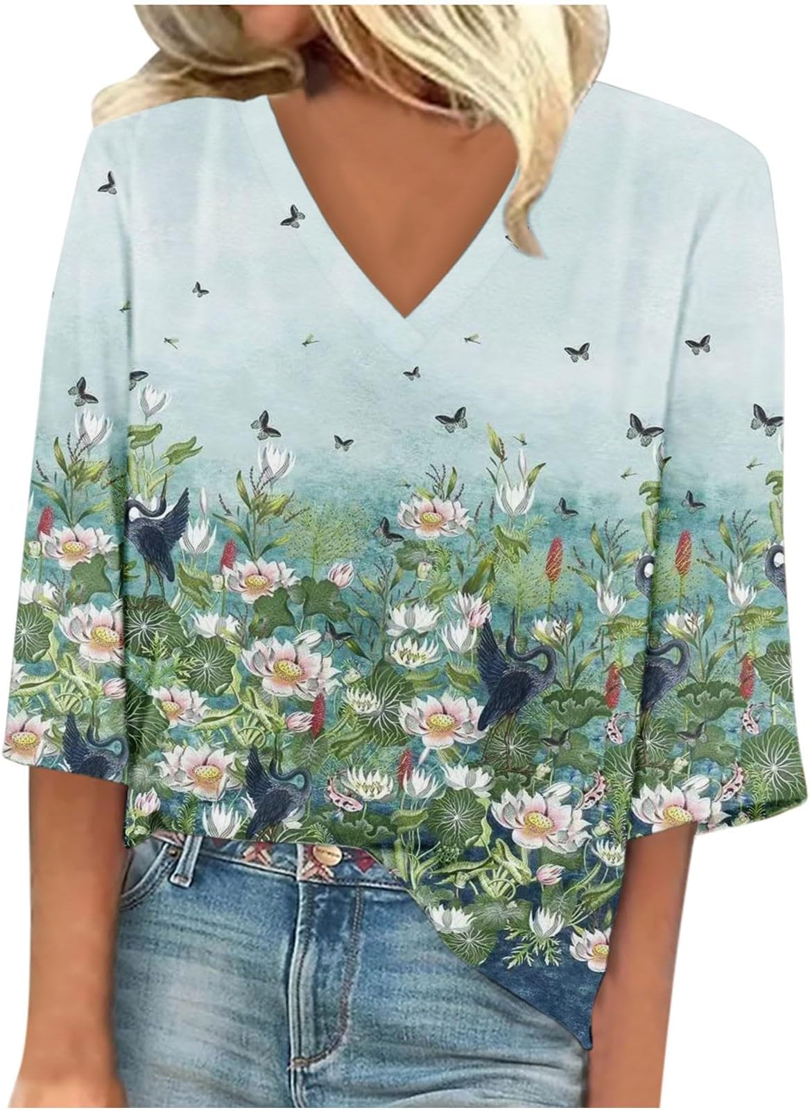 Women's 3/4 Sleeve Tops V Neck Tunic Top Casual Floral Print Loose Blouses Shirts Comfy Cute Tee Shirt Going Out T Shirt