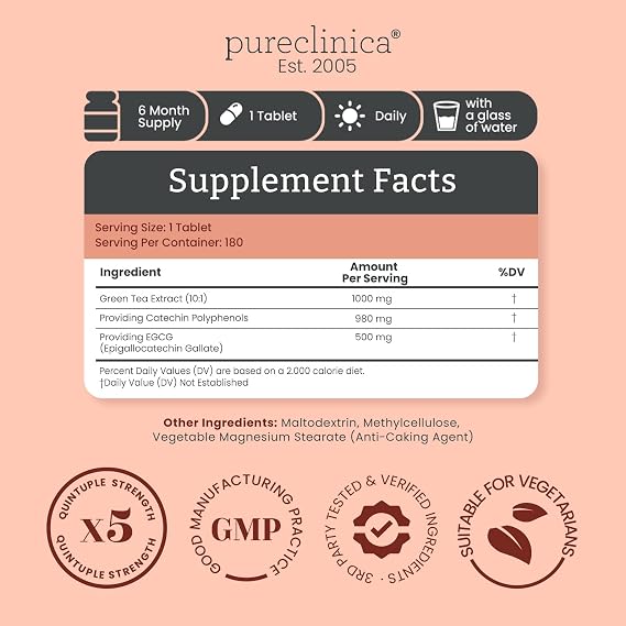 pureclinica Green Tea Extract 1000mg (10:1) 180 Tablets 6 Months Supply