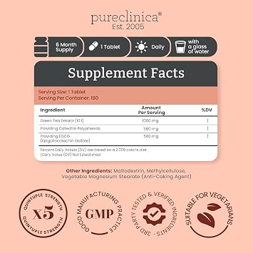 pureclinica Green Tea Extract 1000mg (10:1) 180 Tablets 6 Months Supply