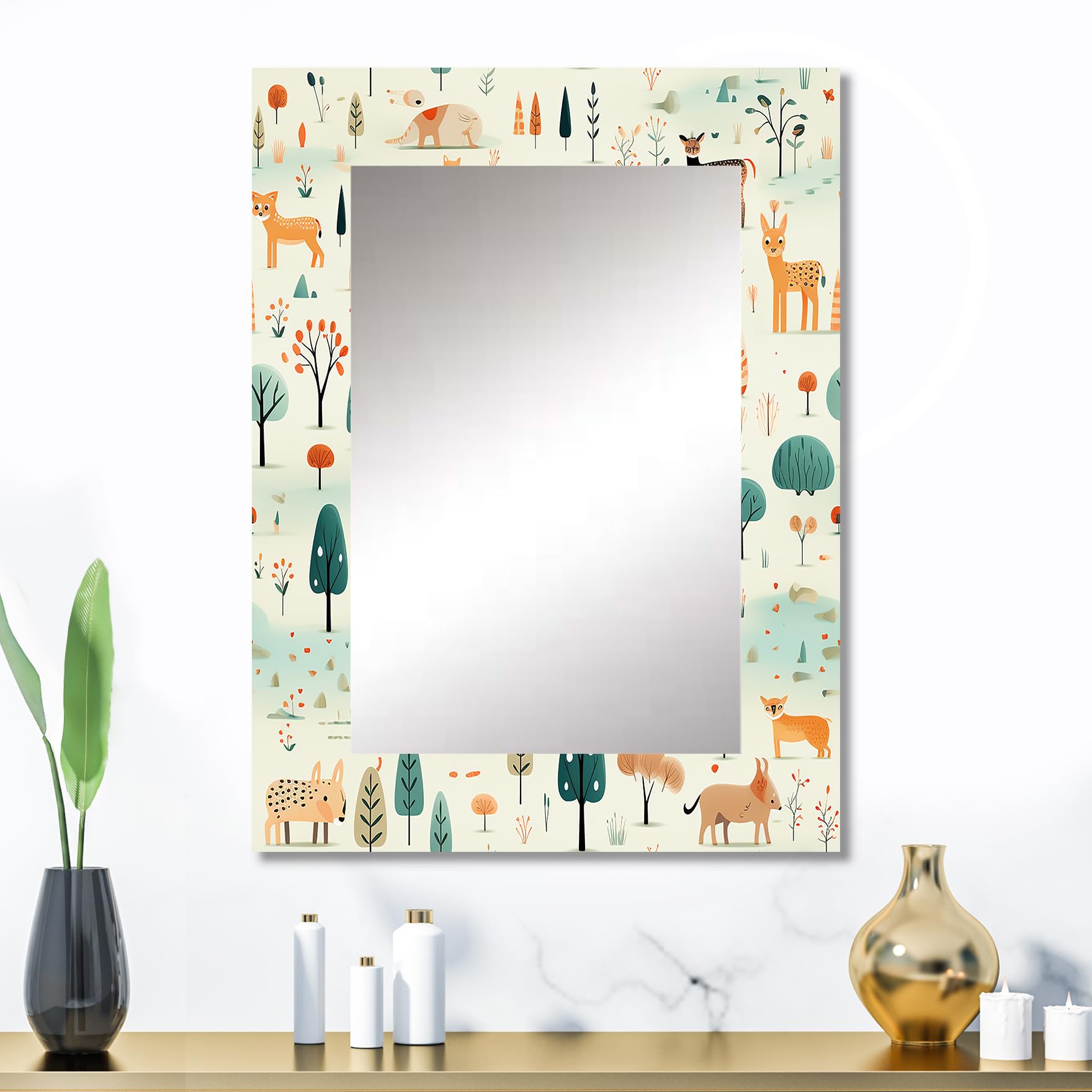 Tropical Plants in Yellow and Blue Patterns Floral Wall Mirror, Printed Beige Wall Mirror, Tropical Bathroom Wall Mirror, Decorative Floral Mirror - 24x32 Inches