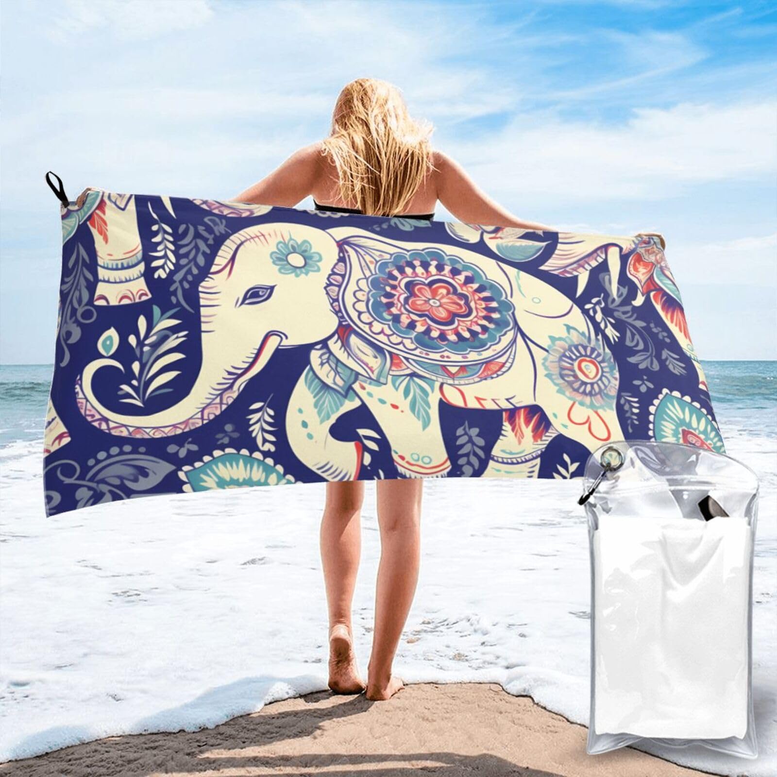 DWVTSLH Microfiber Sand Free Beach Towel 27.5"x55", Quick Dry Absorbent Travel Towel Large Camping Blanket, Boho Elephant Bath Towels Lightweight Pool Swim Towels for Vacation Essentials