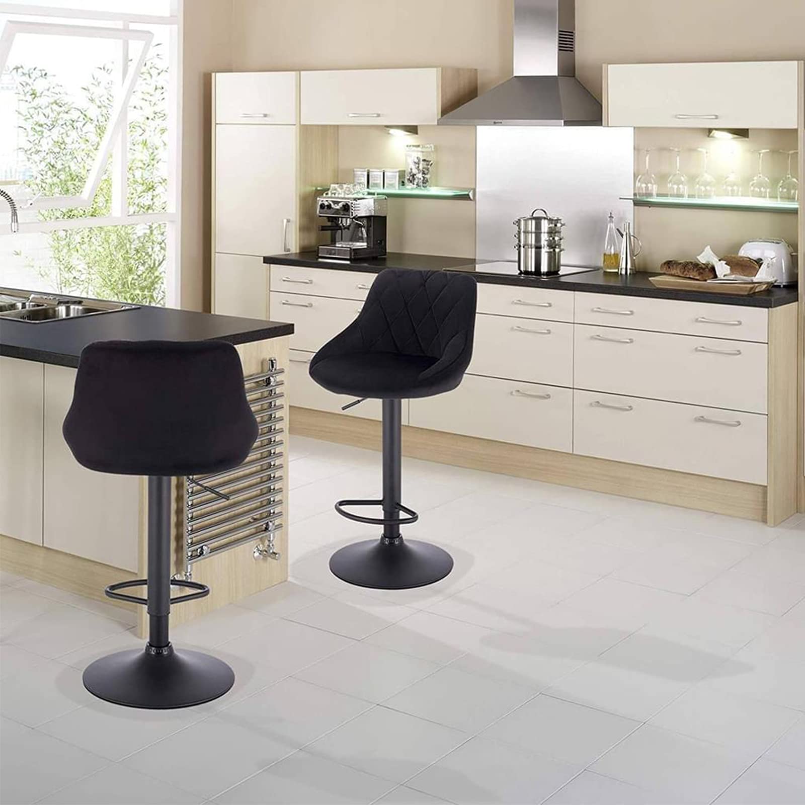 Tabouret de Bar, Chaise de Cuisine ,Lot de 2 en Velours,Tabouret de Loisir,relevable et rotatives réglables en hauteur,pour les établis, bars, restaurants,Chaise de Bar avec Repose-Pieds,Hauteur total
