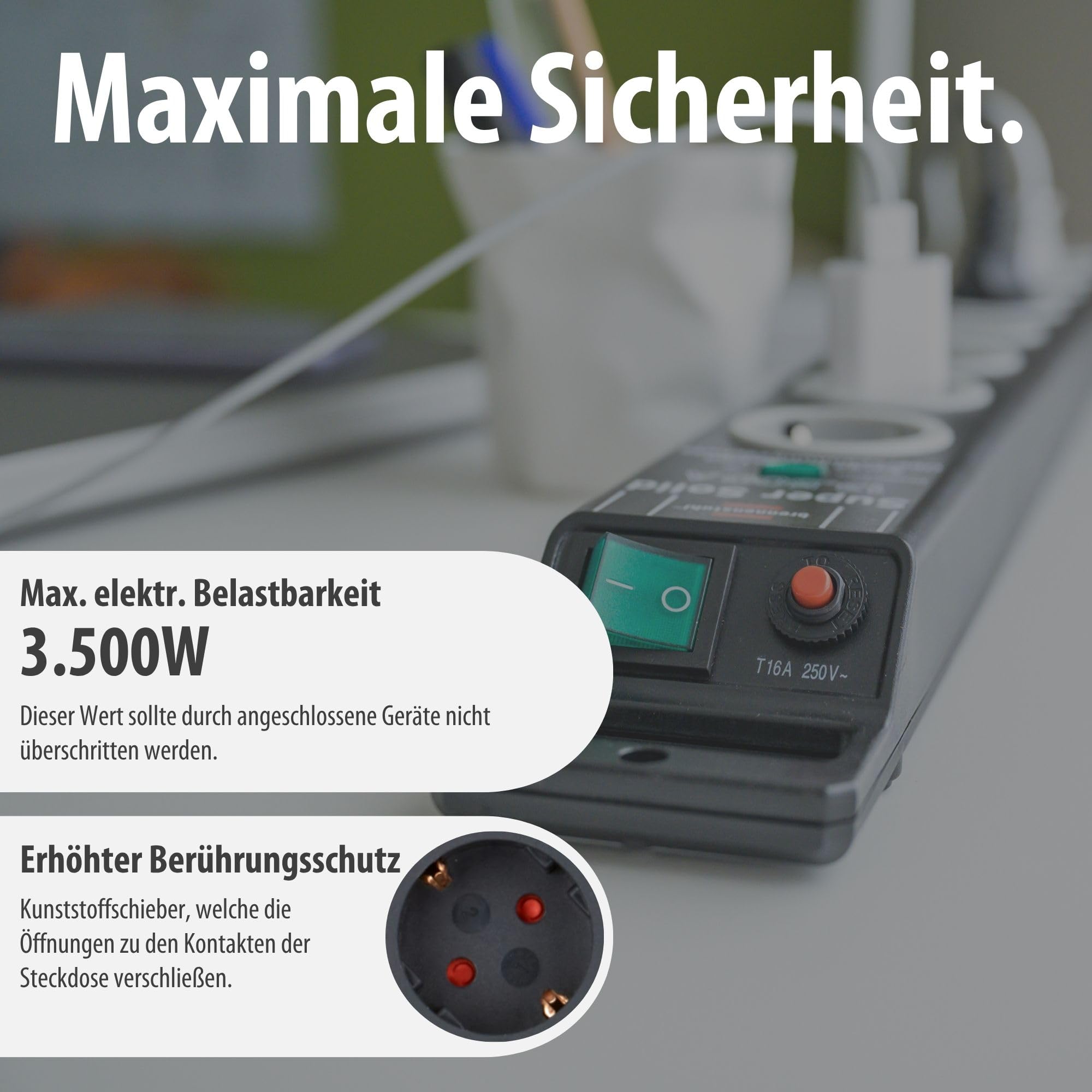 Brennenstuhl Super-Solid Steckdosenleiste 8-Fach mit Überspannungsschutz (Steckerleiste mit 2,5m Kabel und Schalter, Mehrfachsteckdose aus bruchfestem Polycarbonat) schwarz/grau