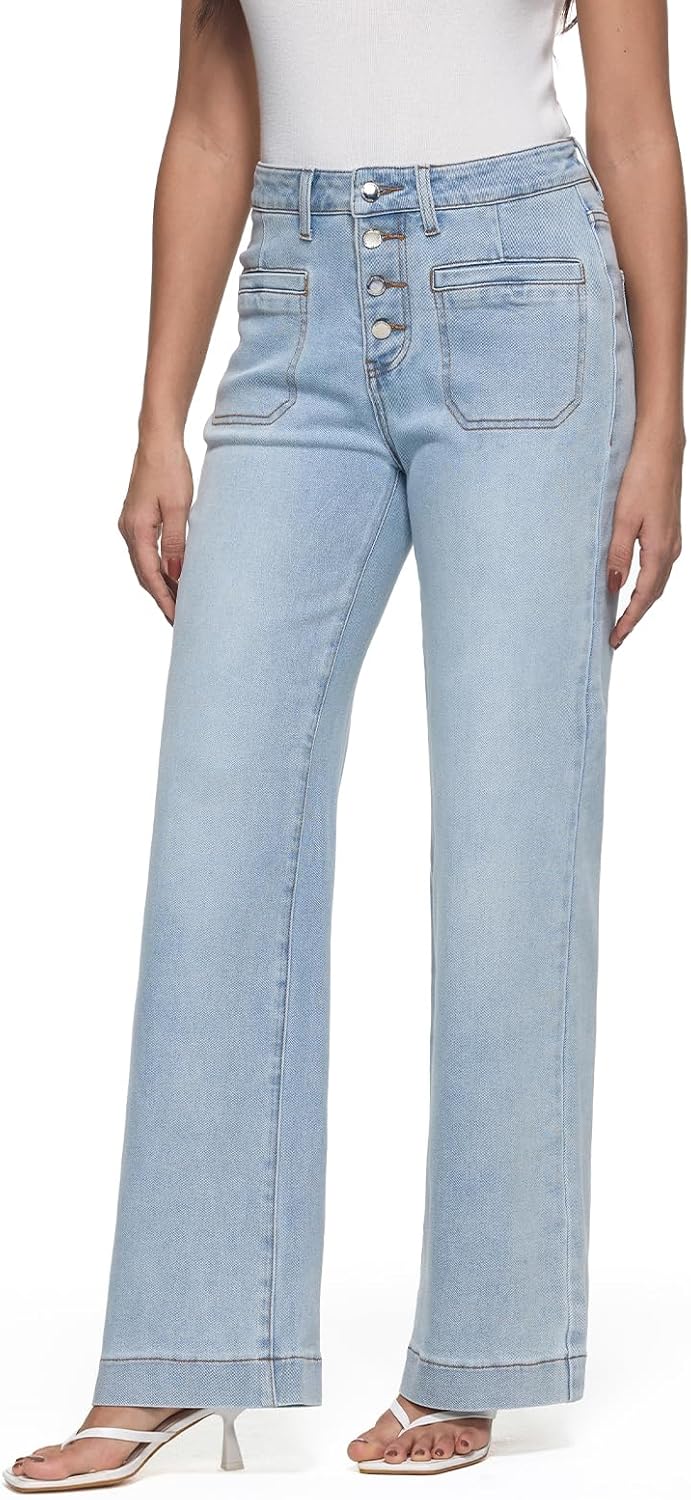 Women's Straight Leg Jeans High Waisted Stretchy Wide Leg Loose Denim Pants with Trendy Buttoned - Image 4