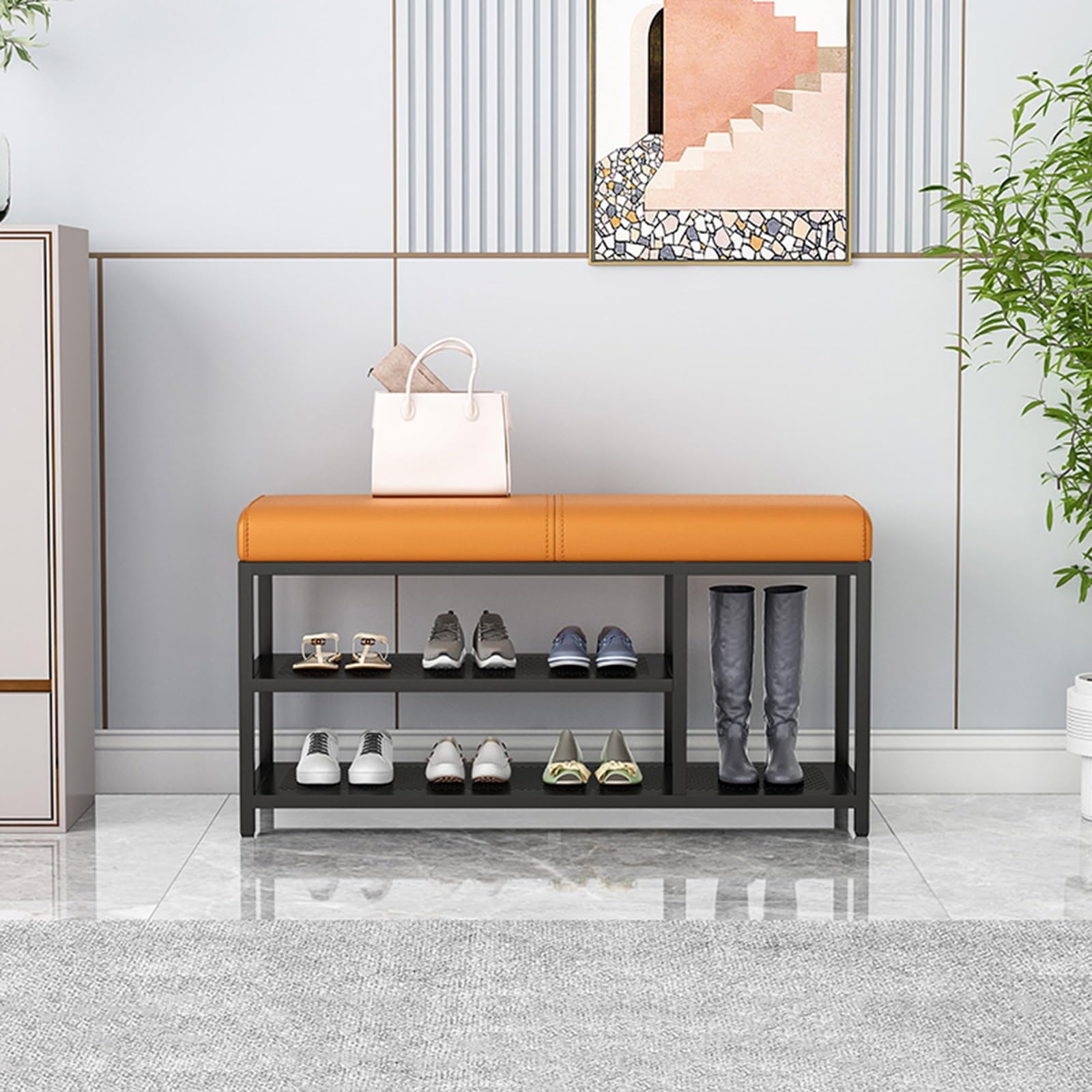 GDMDPTE Stylish Upholstered Shoe Rack Bench with PU Leather Seat & Metal Legs 80cm Shoe Storage nizer for Entryway Hallway Living Room ge & Black Design