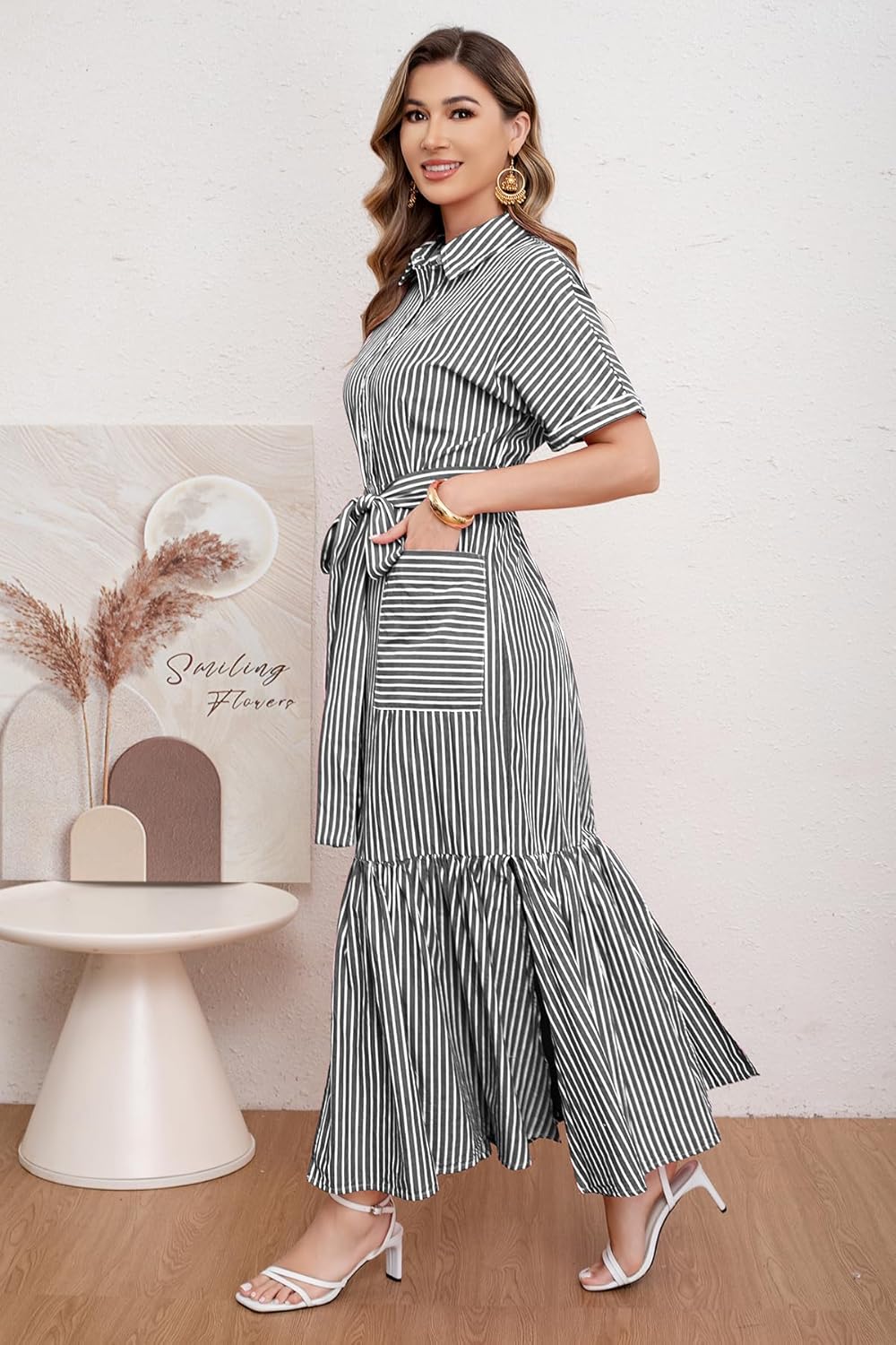 utcoco Women's 2025 Summer Casual Striped Button Down Maxi Dress Tie Waist Short Sleeve Shirt Dress with Pockets - Image 3
