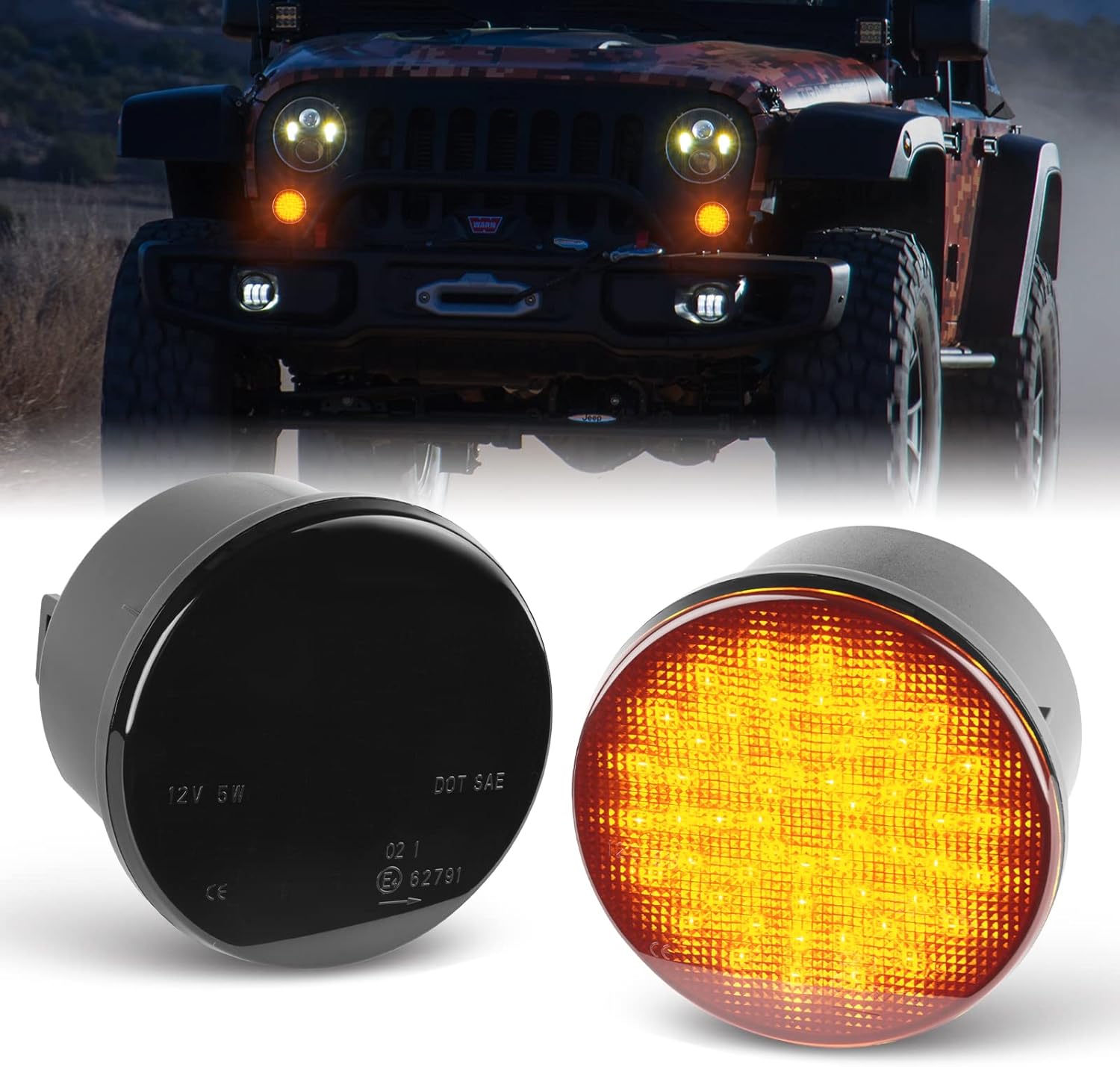 POPMOTORZ JK LED Turn Signal Light LED Indicator Blinkers Compatible with Jeep Wrangler JK 2007-2018 Amber Parking Lights (Smoked Len)