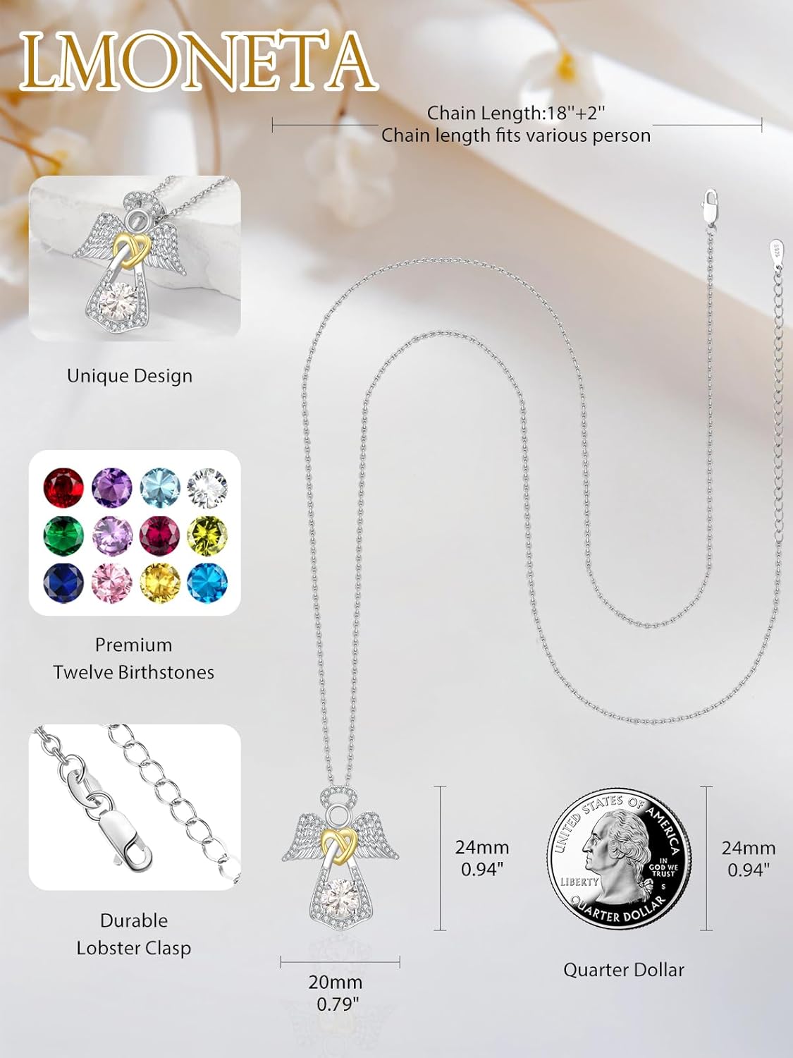 Angel Wings Necklace Guardian Angel Pendant Birthstone Jewelry Birthday Valentine's Day Gifts for Women Mom Grandma Girlfriend Her - Image 3