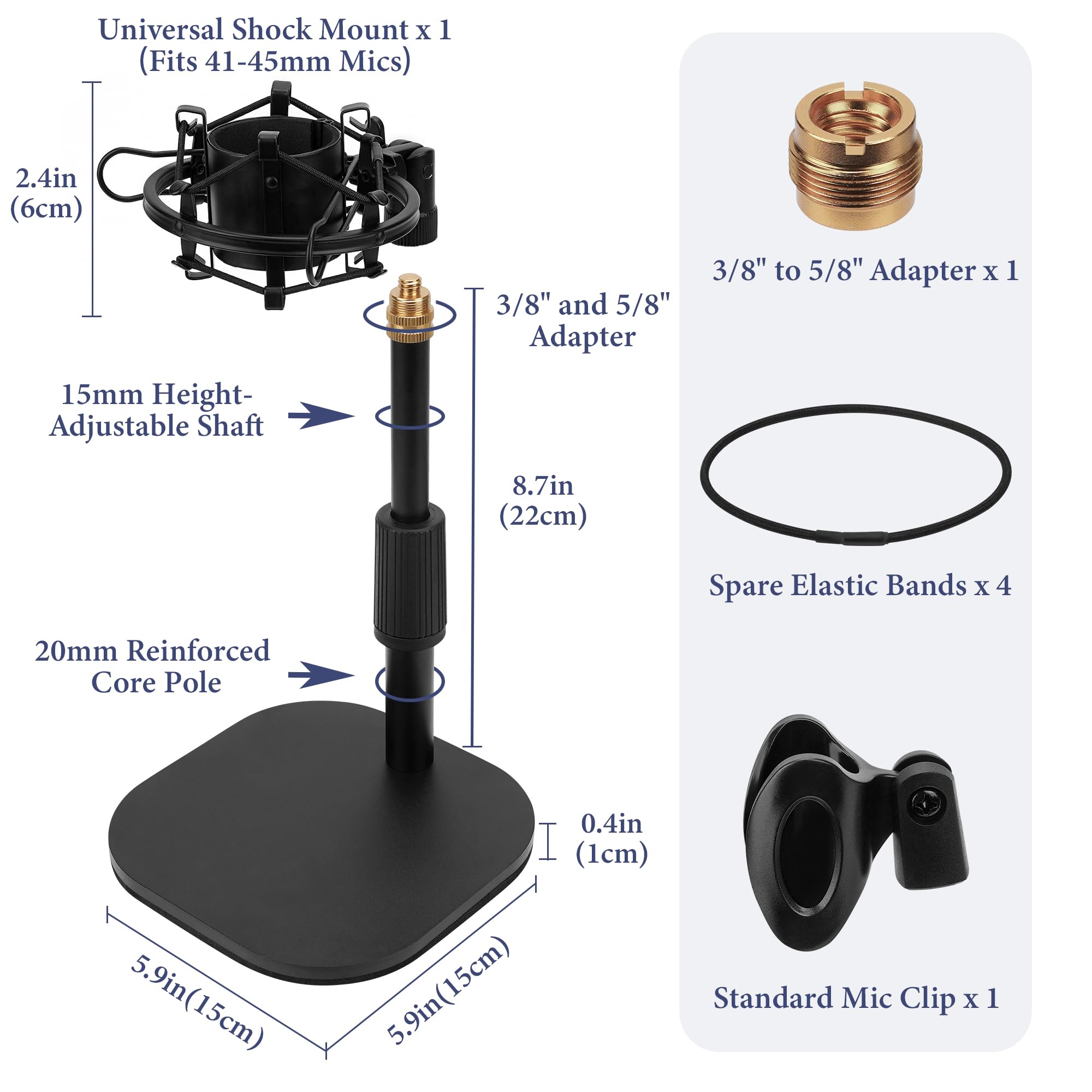 Geekria for Creators - Soporte telescópico para micrófono de mesa, soporte ajustable para micrófono de escritorio con base pesada, soporte de choque, clip de micrófono, compatible con ATH AT2020