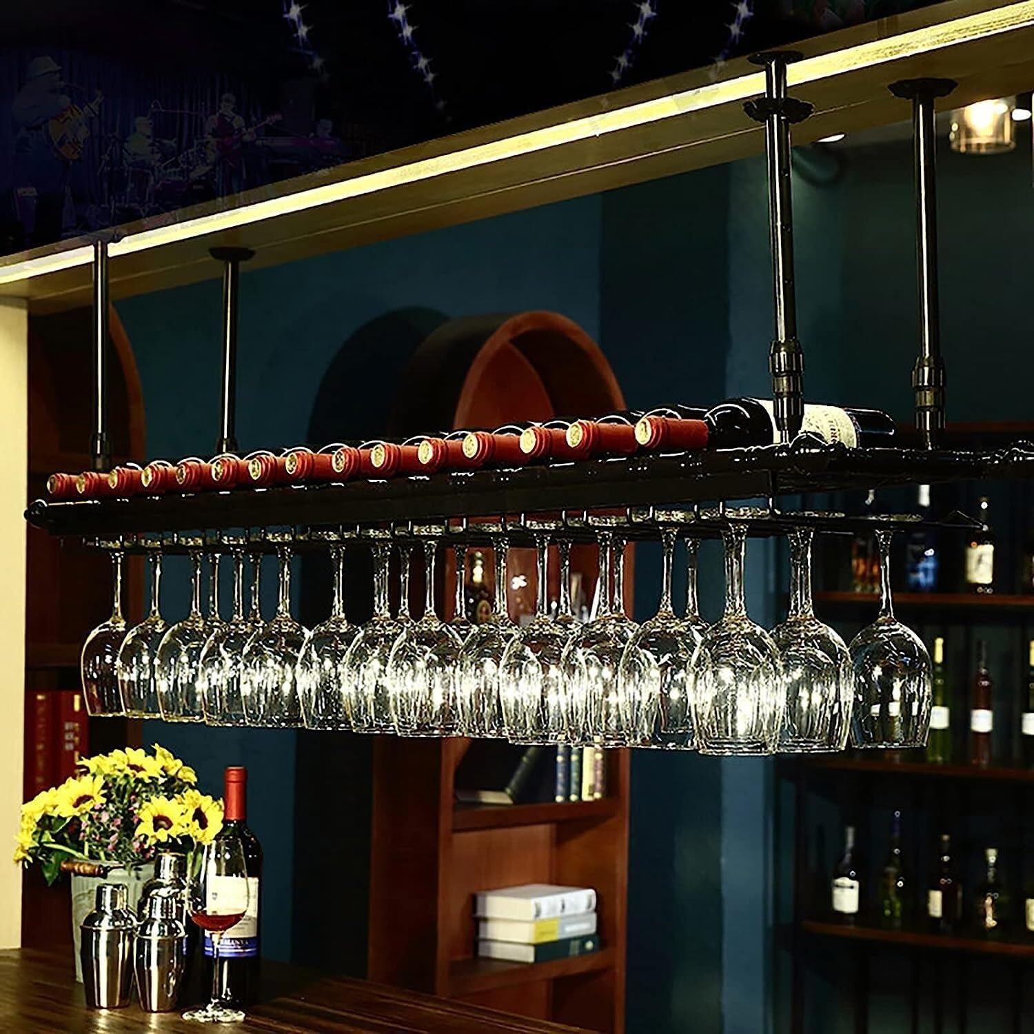 Wine rackC Mounted Wine Display Rack with 2-Tier Hanging Bottle Holder - Red Industrial Design - Solid Wood Shelf for Restaurants and Kitchens Storage