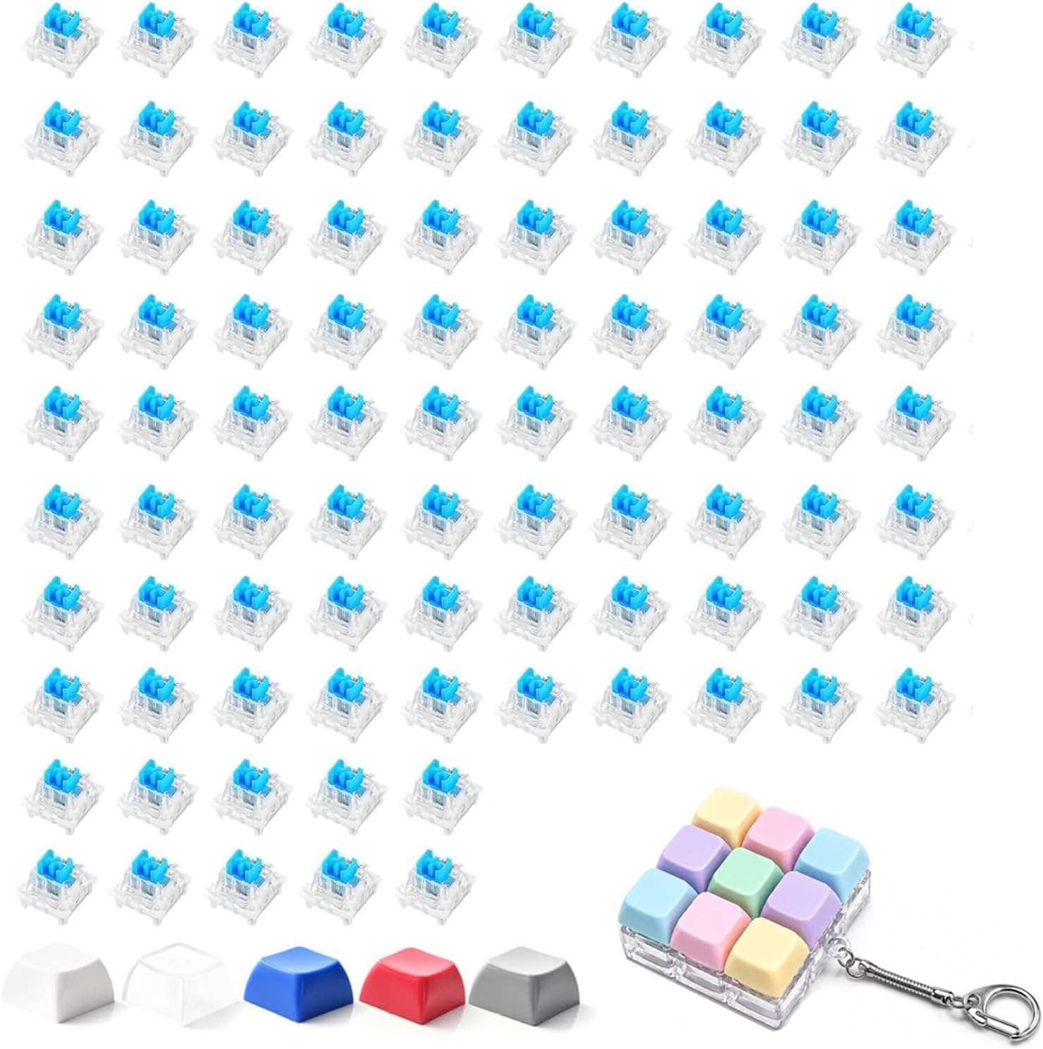 90 PCS Blue Keyboard Clicky for 3D Printer, Blue Mechanical Switches | Crisp Clicks & Strong Tactile Bump, Perfect for Gaming Keyboard and 3D Printed Fidgets, Extra 10 Key Rings for DIY Keychain