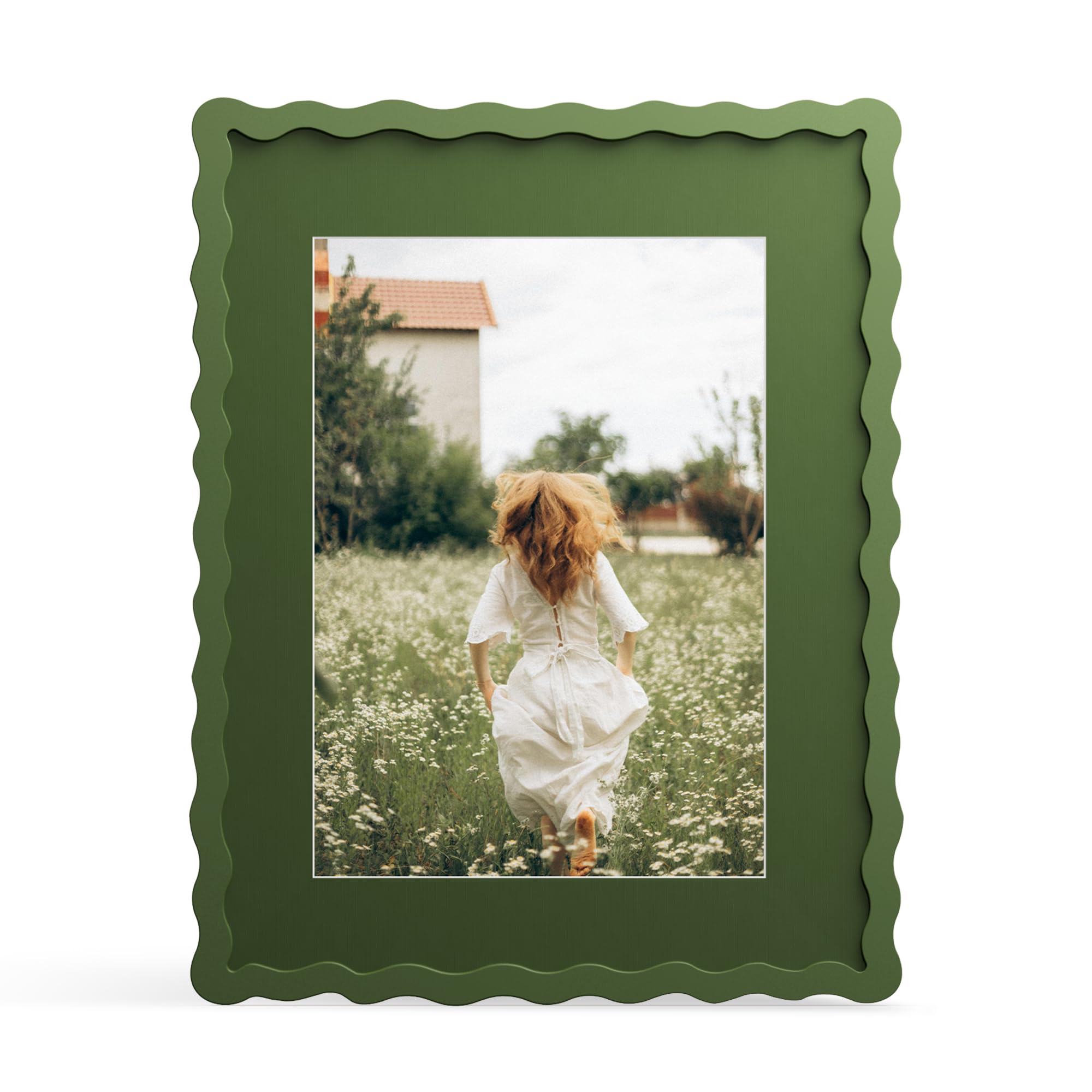 THKRLOF 11x14 Picture Frame with Mat for 8x10, Wavy Edge Wooden Real Glass Photo Frame for Wall Hanging, Green, 1 Pack