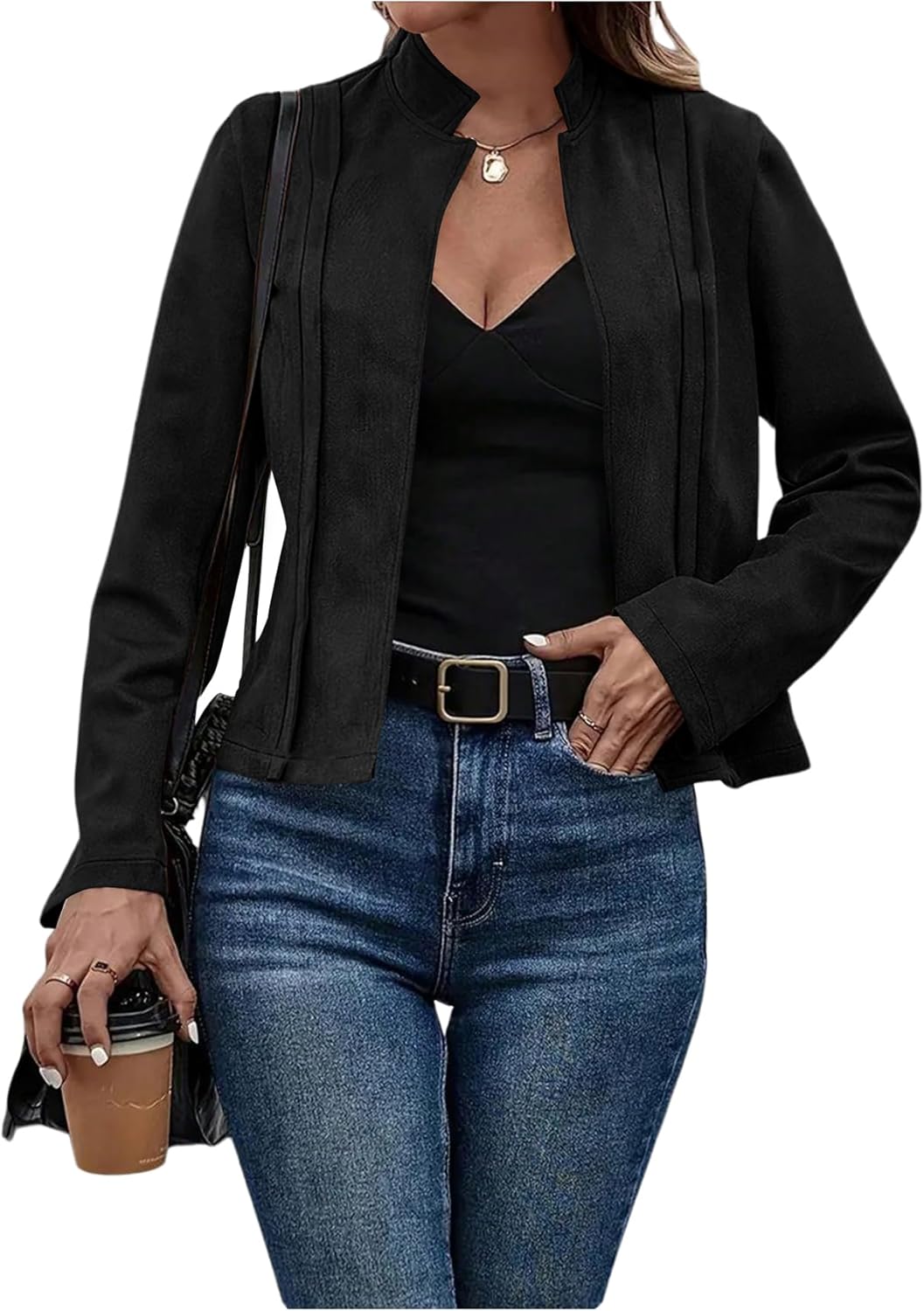 SOLY HUX Women's Faux Suede Open Front Cardigan Jacket Long Sleeve Casual Vintage Outerwear