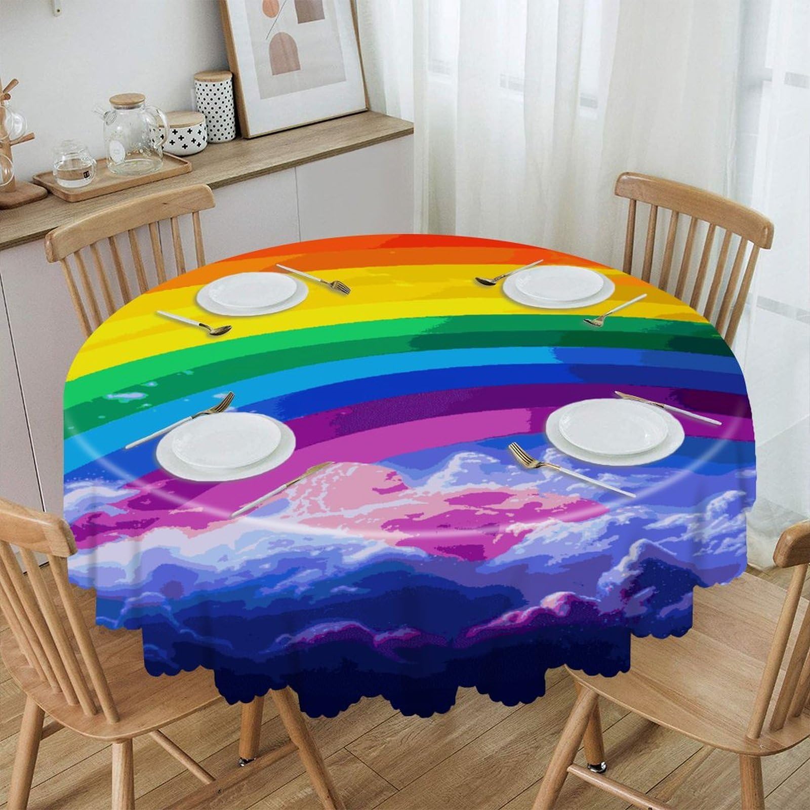 VstaDank Rainbow Round Tablecloth Wipeable Round Polyester Tablecloth Waterproof Wrinkle Free Indoor and Outdoor Table Cover 60 Inch Decorative Farmhouse Table Cloth for Dining