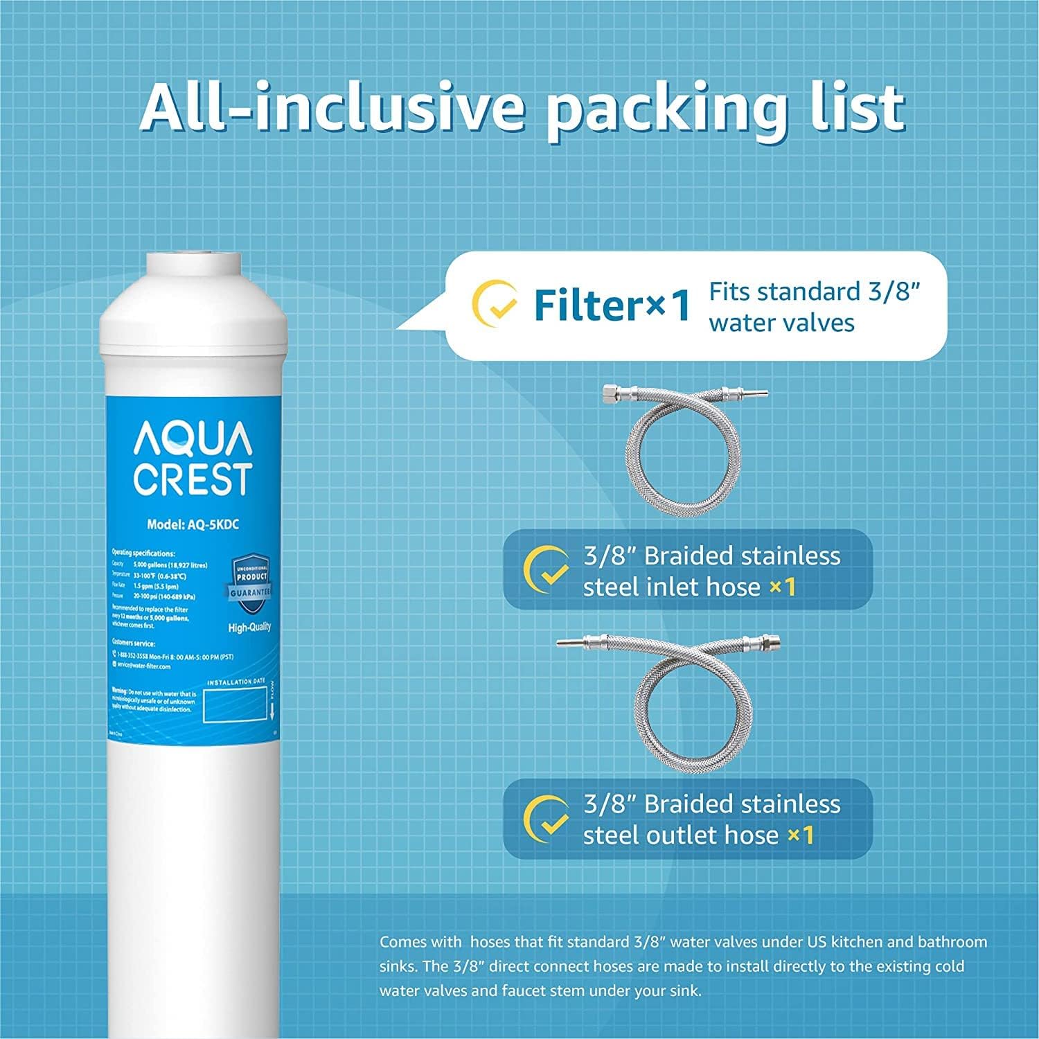 AQUA CREST 5KDC Under Sink Water Filtration System, Direct Connect Under Sink Water Filter, NSF/ANSI Tested 5K Gallons Ultra High Capacity, USA Tech