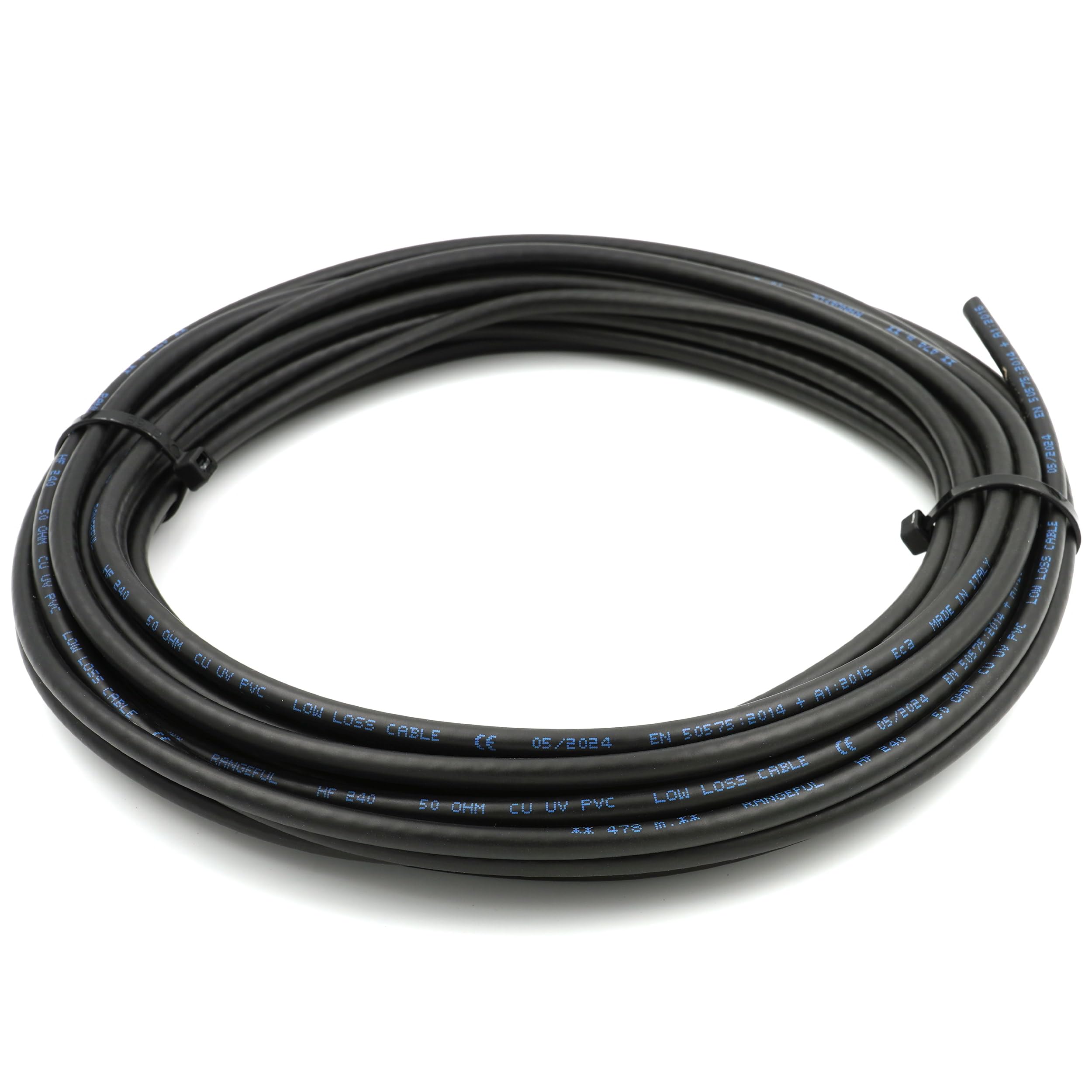 RANGEFUL HF240 (LMR240 equivalente) Cable coaxial 30 Metros — 50 ohmios RF coaxial de extensión — Compatible con N SMA BNC TNC UHF PL259 — para WiFi Router Móvil CB Radio Modem — Fabricado en Italia