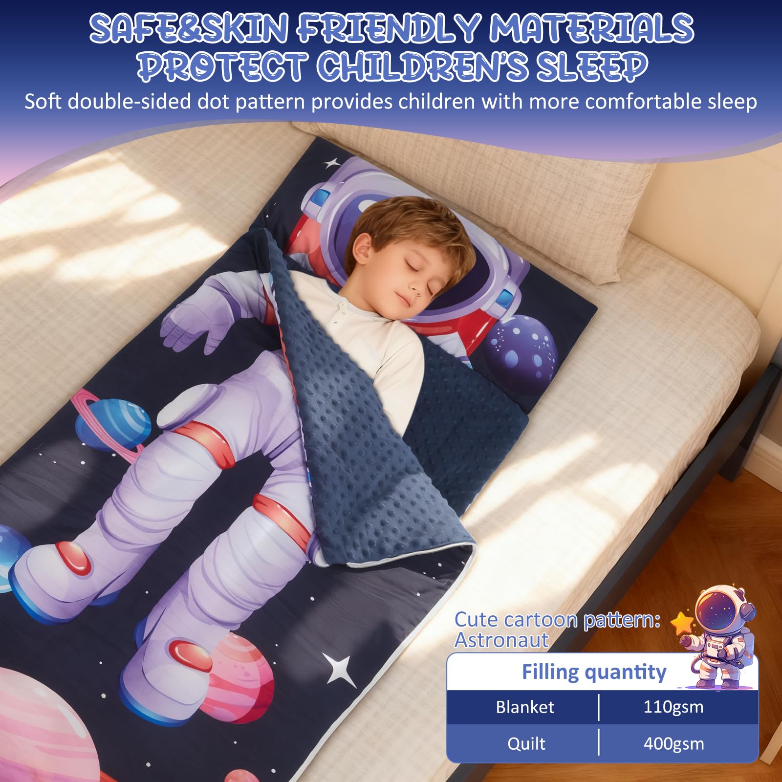 Saco de Dormir Infantil para Niños y Niñas 3-8 Años (120x60 cm), de Algodón con Forro Polar, Ligero y Cálido con Almohada Desmontable, para Guardería, Viaje y Camping