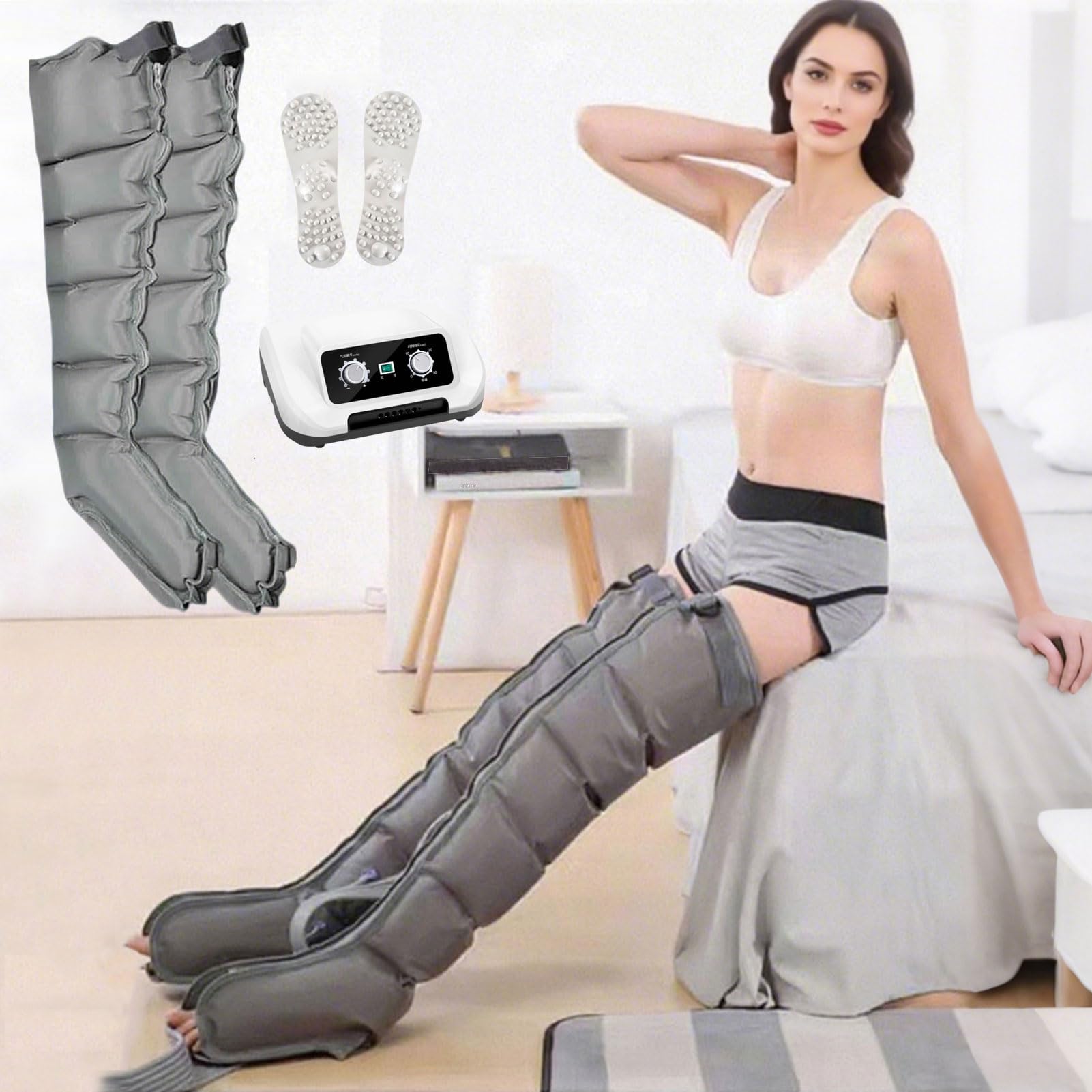 Massaggiatore Piedi e Gambe con 6 Airbag, Pressoterapia Gambe per Casa con Funzione di Cronometraggio, Massaggiatore Gambe Linfodrenante Pressoterapia Linfodrenaggio, Grigio