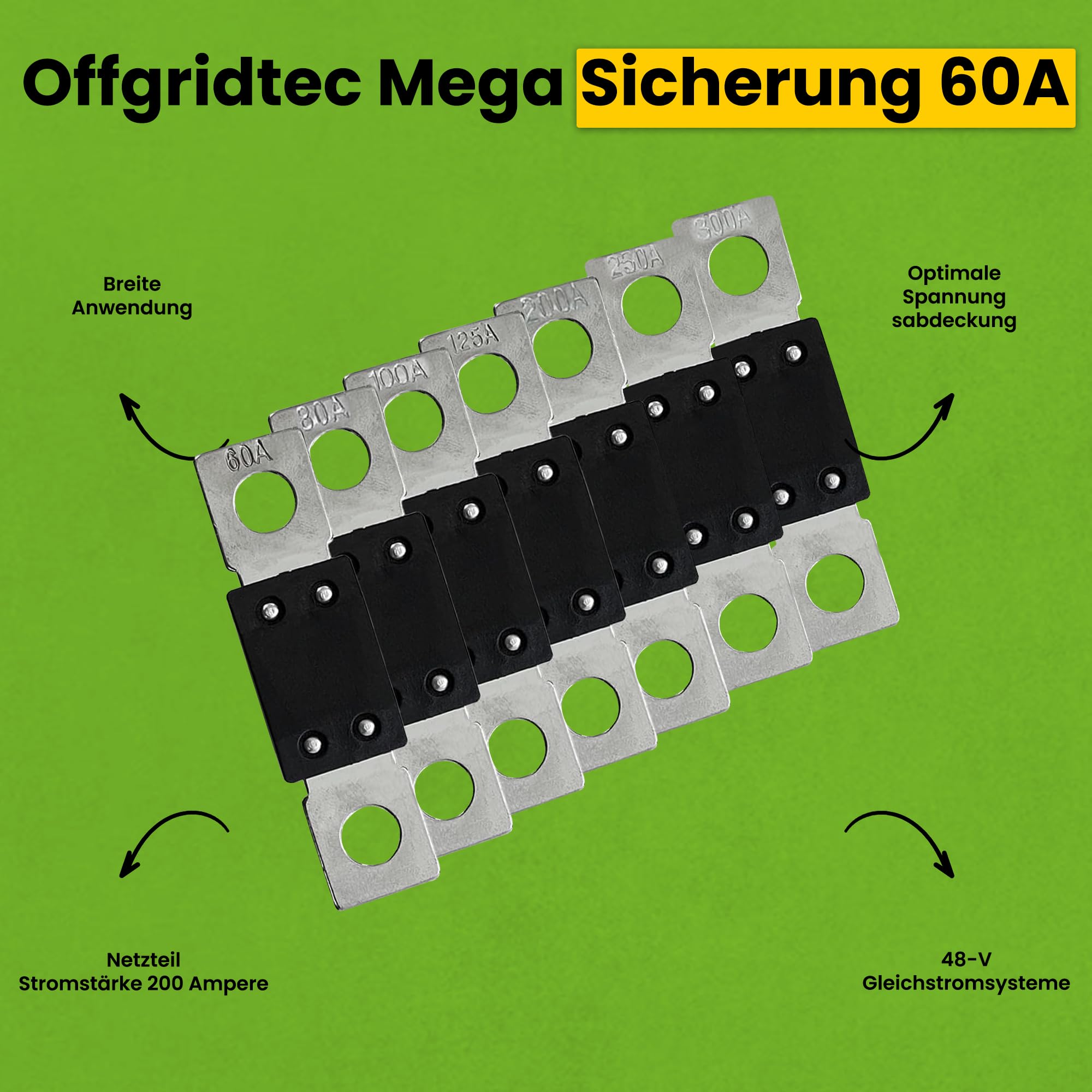 Offgridtec Juego de 5 fusibles Mega, 125 A, 70 V, para sistemas de 48 V