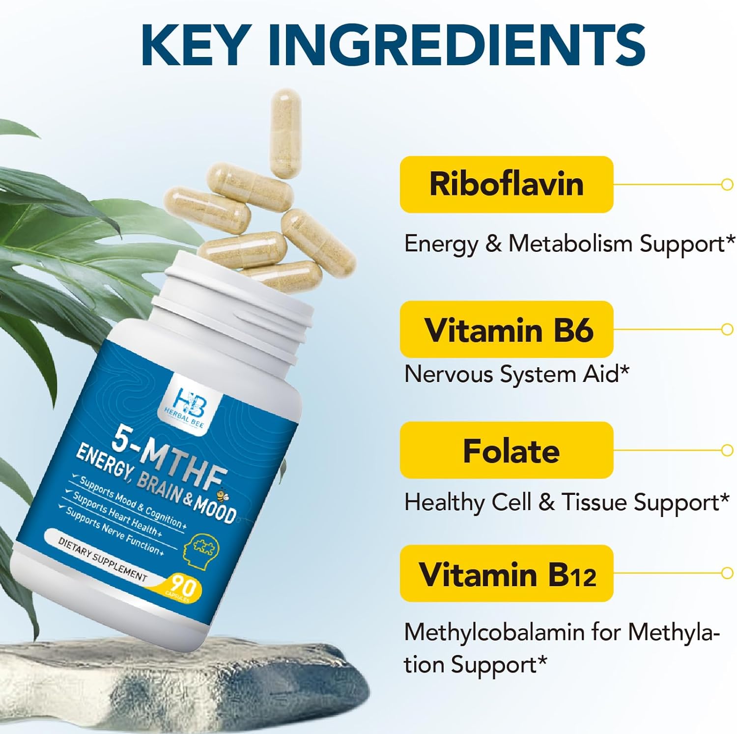 5-MTHF Folate Supplement Activated L-Methylfolate, Plus Methyl B12 Cofactor & B6 Methylated B2 Complex for Adults Supports Energy, Mood, Focus, Methylation, Cognition Non-GMO, Gluten-Free, 90 Capsules