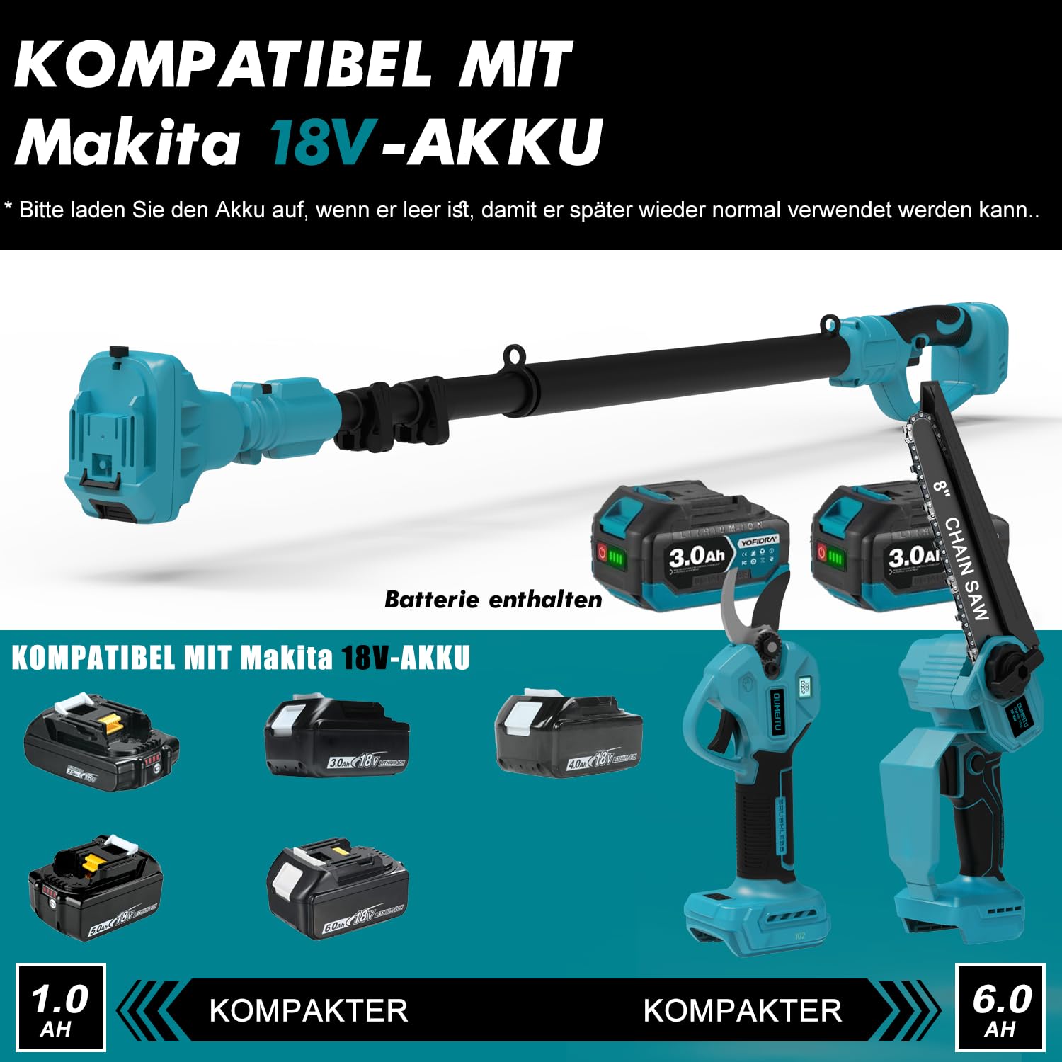 4-in-1 8 Zoll Mini Kettensäge & Akku Elektro Gartenschere für Makita 18V Akkus mit Teleskopstange & 30 mm Akku Astschere, Akku hochentaster mit 2 x 3.0Ah Akku & Bürstenloser, Arbeitsreichweite 4M