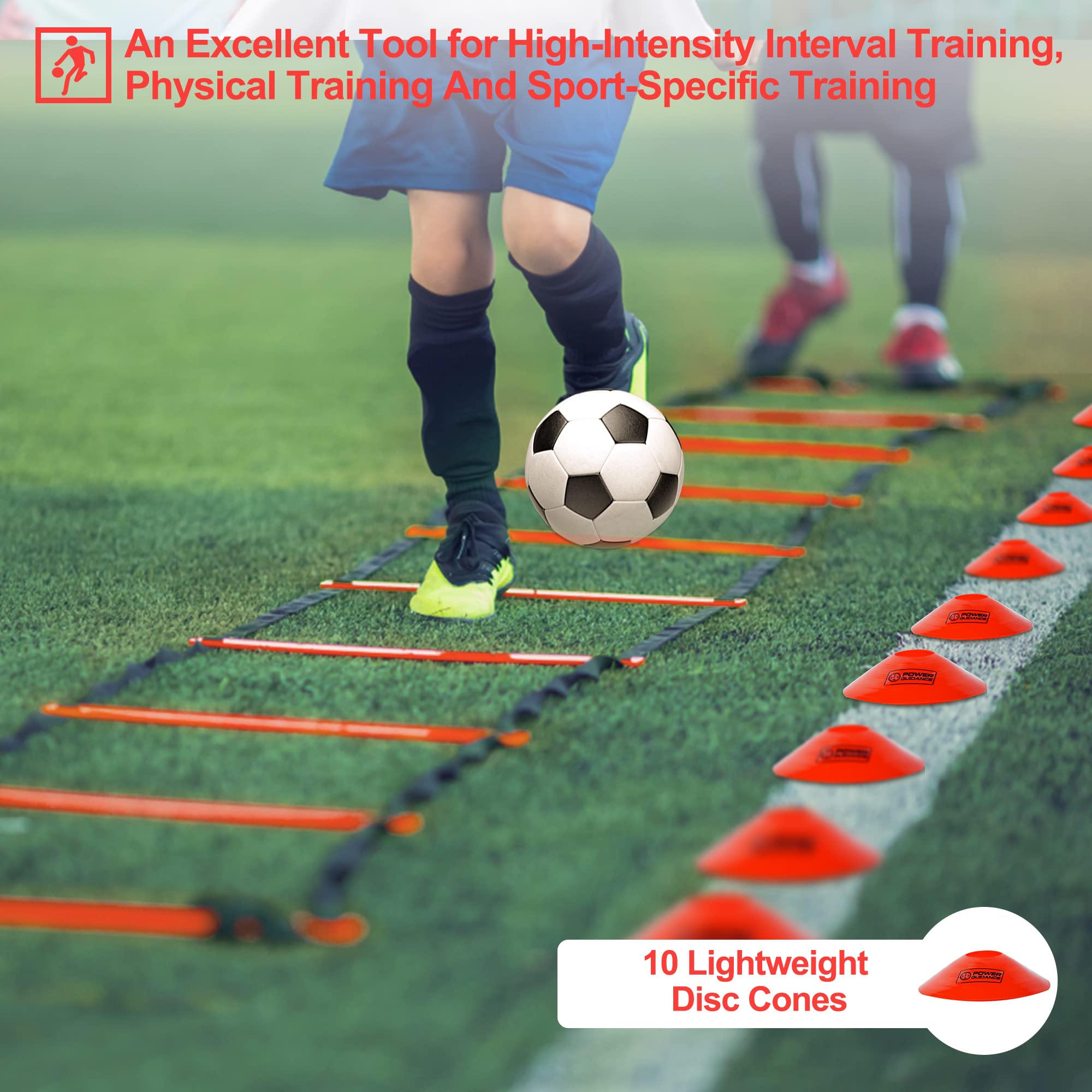 POWER GUIDANCE Koordinationsleiter, Trainingsleiter mit robusten Sprossen für mehr Fußschnelligkeit und Koordination bei Fußball. Inklusive Erdnägel, Tasche, Übungsheft und 10 Sportkegeln (6M)