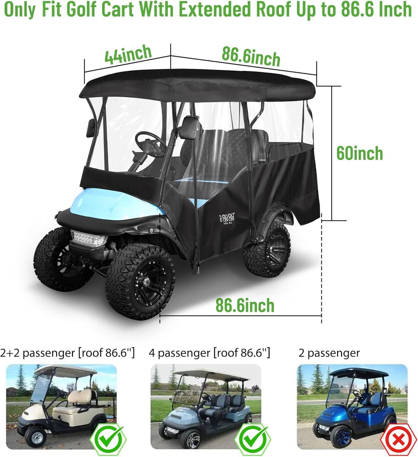 10L0L Obudowa na wózek golfowy dla 4 pasażerów, pasuje do dachu 218,4 cm, uniwersalny pokrowiec na wózek golfowy Yamaha, klub, EZGO, wodoodporny pokrowiec przeciwdeszczowy 600D, znak świetlny