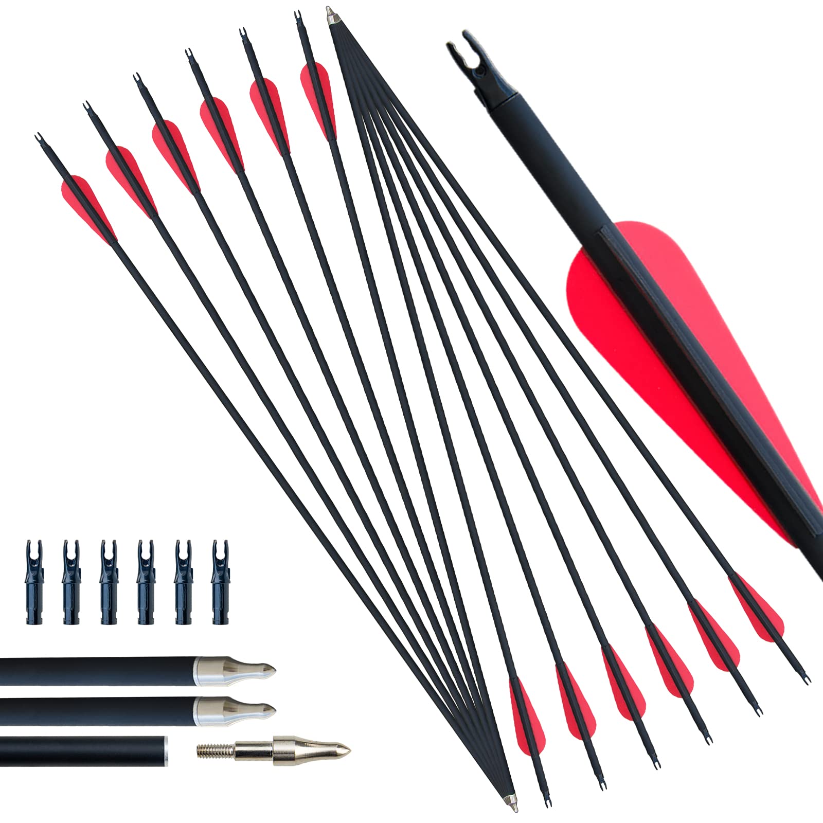 D&Q 12PCS Archery Arrow Hunting Arrows 30in Carbon Arrows Archery Targeting Arrows with 3in Plastic Feathers Replacement Screw Field Points Tips