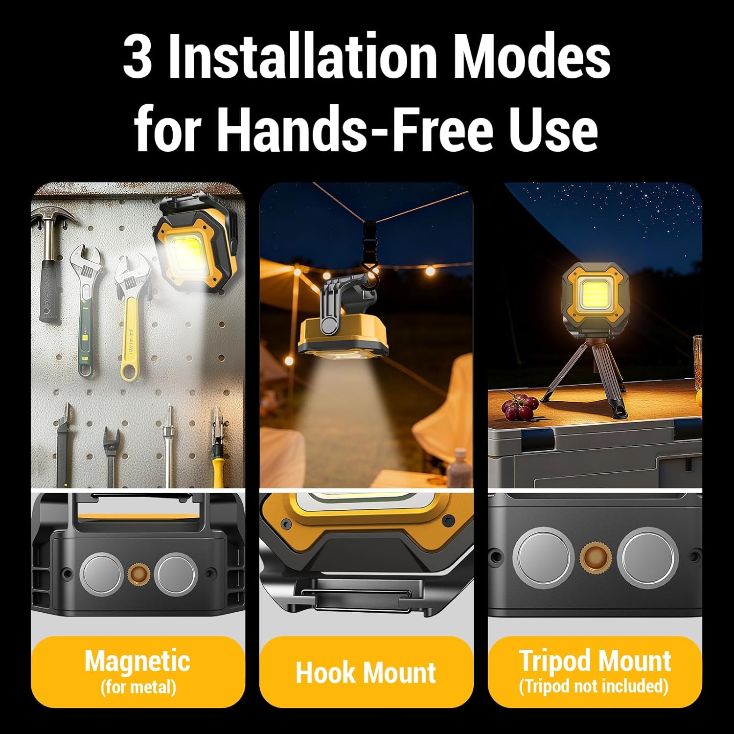 2 Pack Rechargeable LED Work Light, 6000mAh 16 Hours Long-Lasting Cordless Magnetic Light, IPX5 Waterproof, 360°Rotate Portable Flashlights, Battery Lamp for Car Repair&Camping, Gifts for Men - Image 4