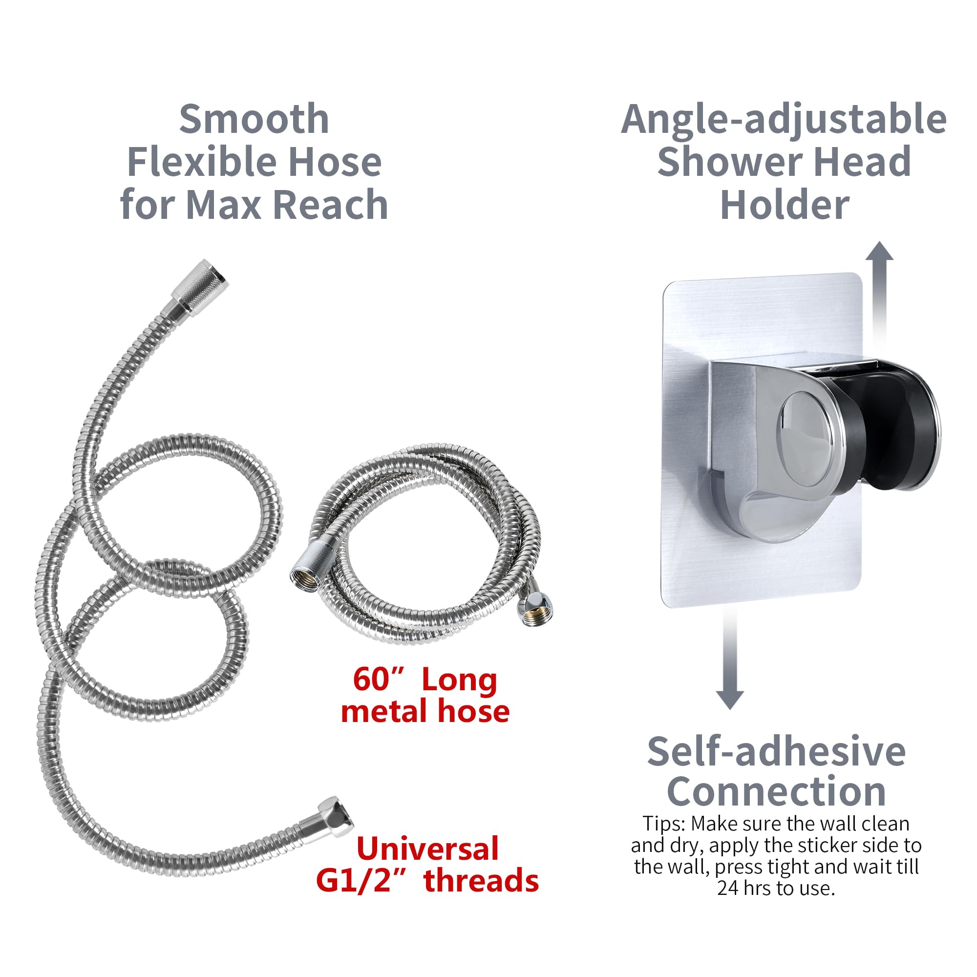 High Pressure RV Shower Head w/Hose - 5-Spray RV Shower Head Kit Replacement w/ON/OFF Pause, Chrome, for RVs, Campers, Fifth Wheels, Motor Homes, Travel Trailers, Boats